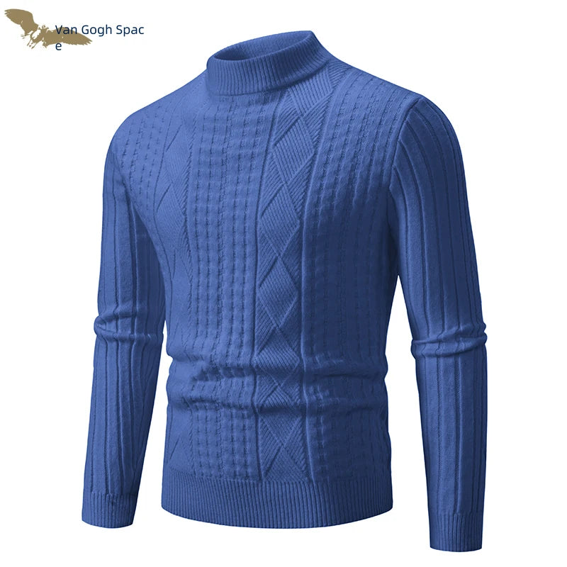 Men's Thick Striped Knit Pullover Sweater - Warm Solid Color Winter Clothing for Casual & Office Wear