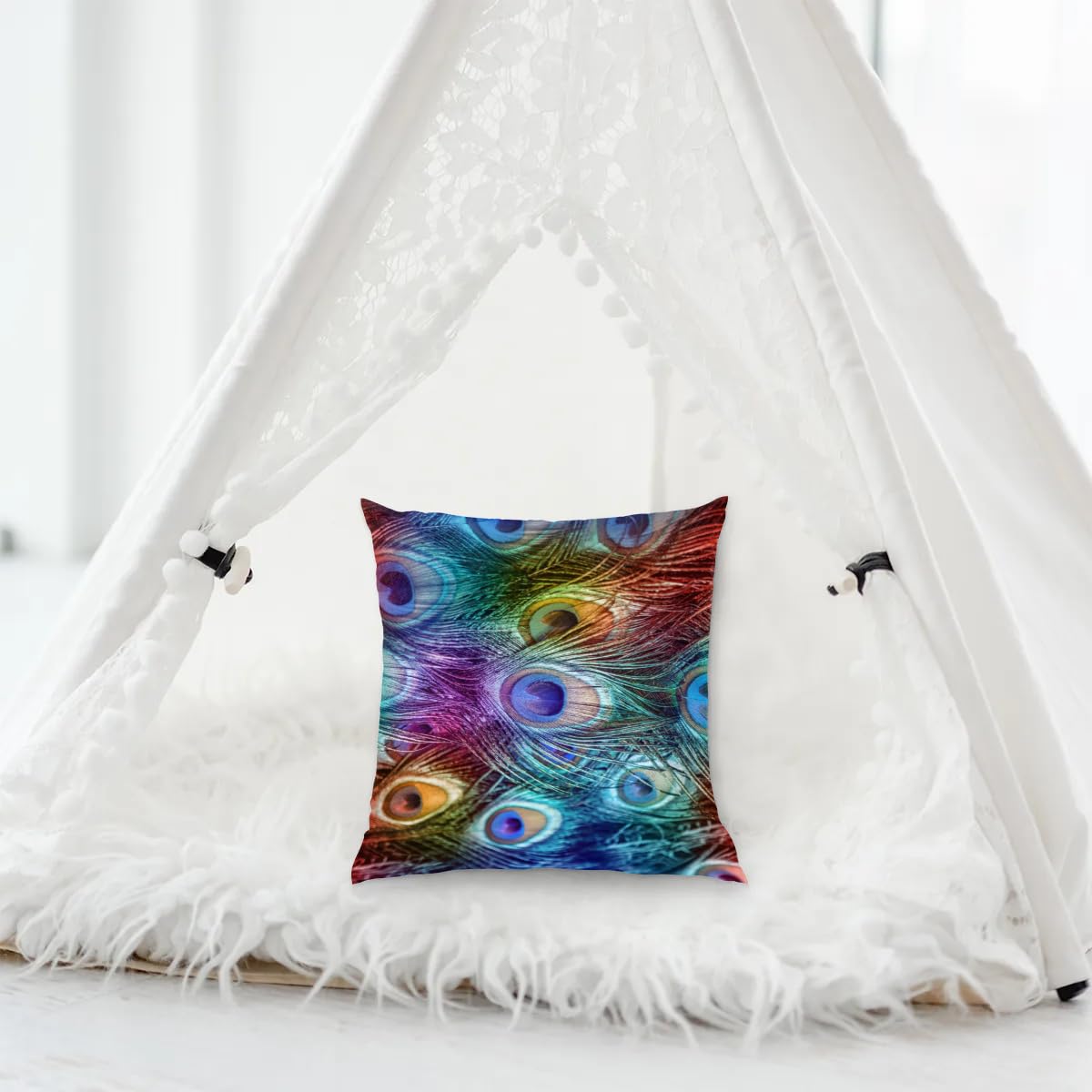 Peacock Feather Pillow Covers 18x18 - Decorative Throw Pillows for Couch, Bed & Car