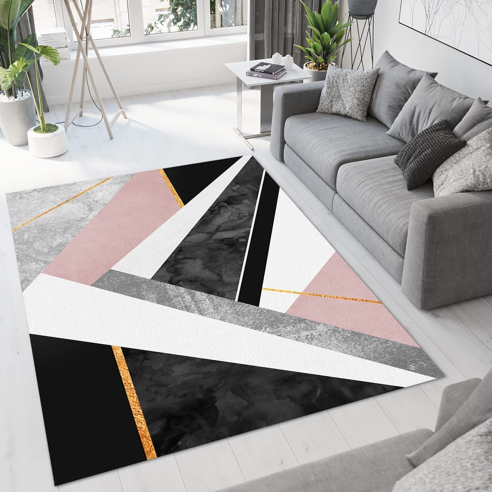 Grey White Pink Black Marble Area Rug - Luxury Abstract Soft Washable Carpet with Non-Slip Backing for Bedroom, Living Room, Dining Room, Study | 5x6ft Modern Floor Mat for Kids & Teens | Perfect for Home Decor, Nursery, Dorm Room