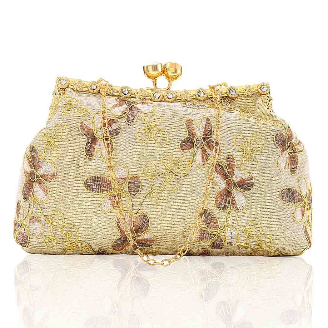 Vintage Floral Embroidery Women's Crossbody Bag - Elegant Gold Rhinestone Evening Clutch Purse for Parties, Weddings & 1920s Themed Events | Barode Shoulder Handbag for Women