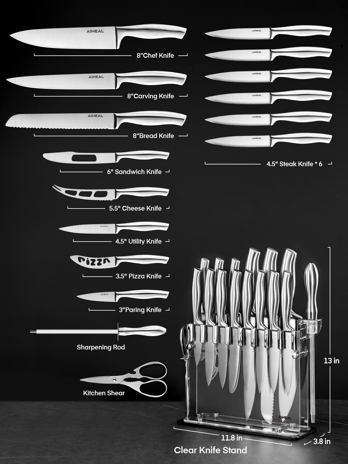 17-Piece Stainless Steel Kitchen Knife Set with Acrylic Stand - Super Sharp, Rust-Free Knives Including Steak Knives & Built-in Sharpener | Perfect for Home Chefs, Cooking Enthusiasts & Professional Kitchens