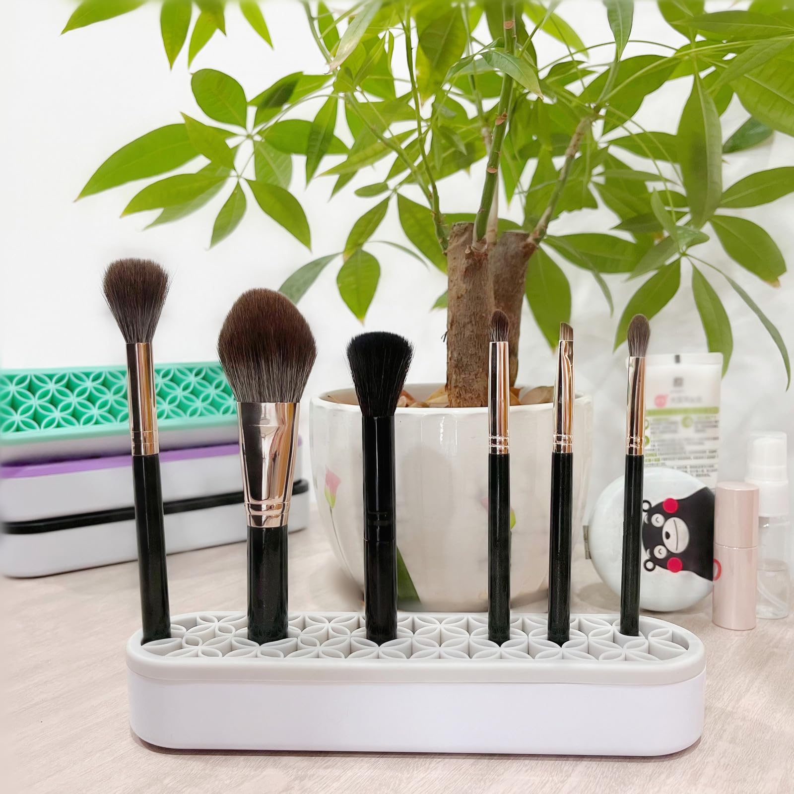 2-Pack Gray Silicone Makeup Brush Holder - Cosmetic Storage Box & Desktop Organizer for Brushes, Pens, Makeup Tools | Perfect for Vanity, Bathroom, Travel & Office Organization