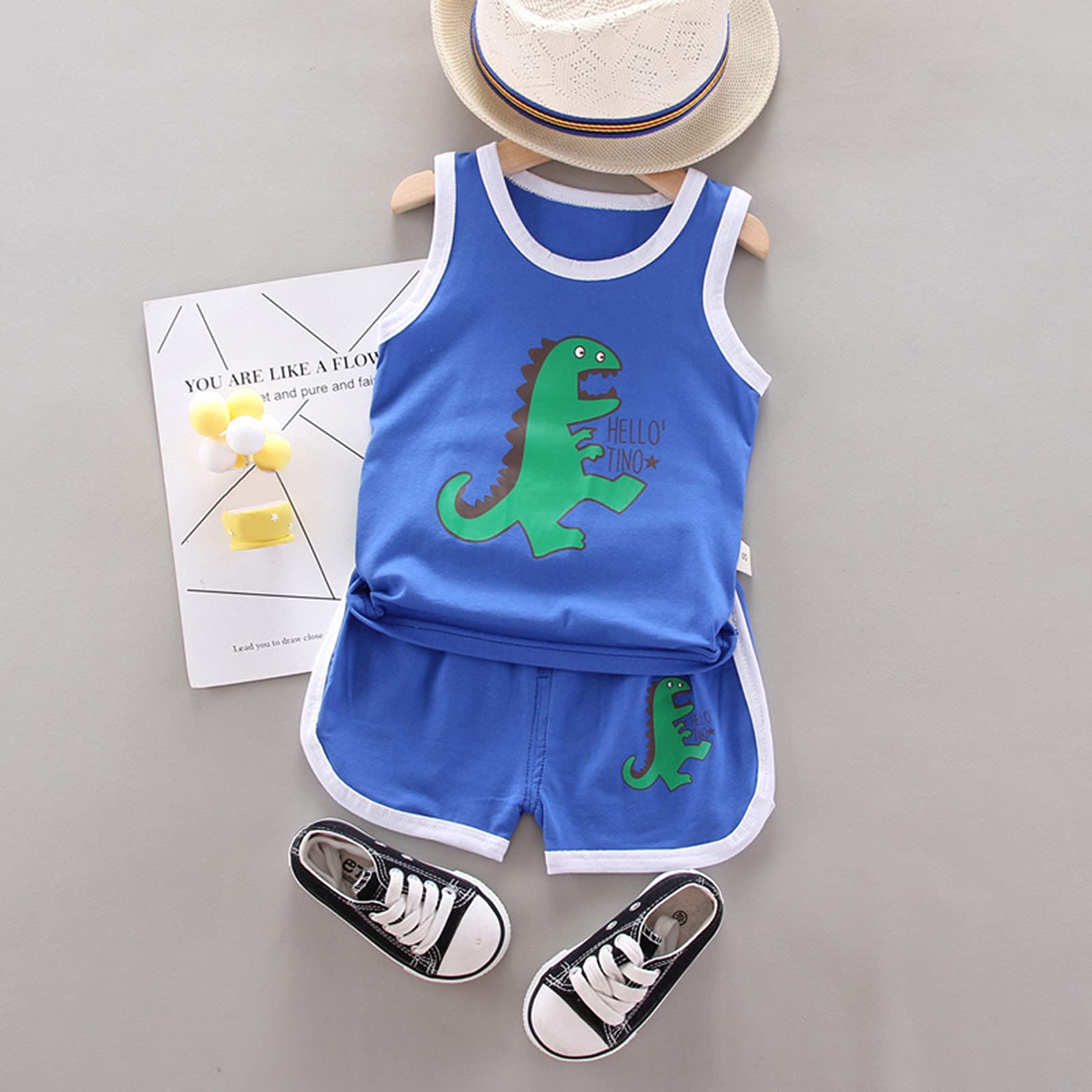 Dinosaur Print Cotton 2PC Summer Outfit Set for Toddler Girls & Boys - Soft Casual Playwear for Daycare, Beach & Outdoor Activities