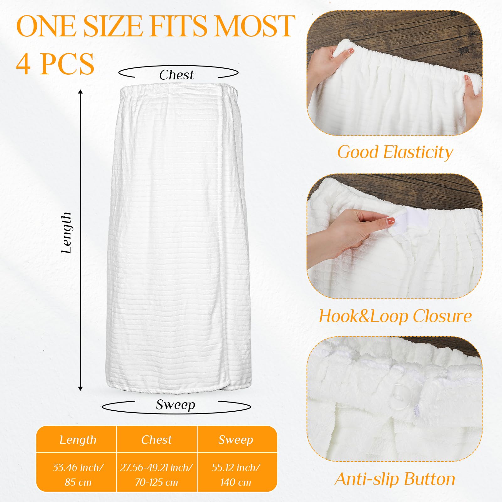 Tigeen 4-Piece Spa Wrap Towel Set for Women - Adjustable Elastic Bath Robe, Lightweight Shower Cover - Perfect for Spa, Massage & Home Relaxation (White Stripes)