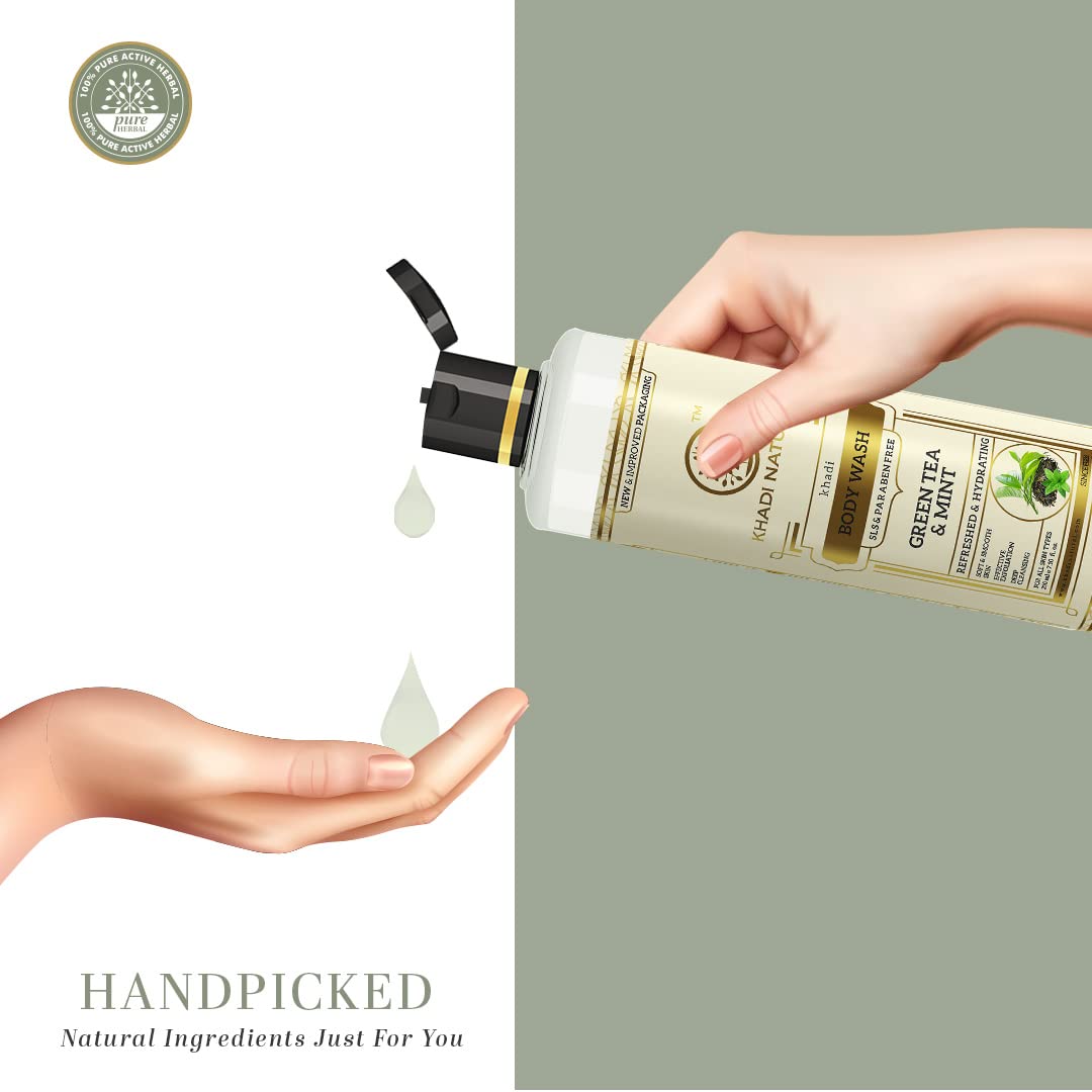 KHADI NATURAL Green Tea & Mint Herbal Body Wash - SLS Free, Paraben Free, 210ml - Refreshing Daily Shower Gel for Sensitive Skin & Aromatherapy