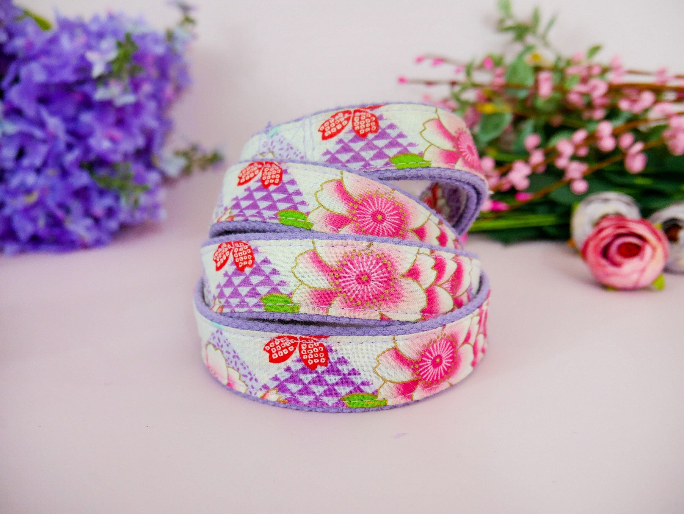 Japanese Kimono Dog Collar - Purple Floral Pattern Pet Accessory for Small & Medium Dogs | Perfect for Cosplay, Halloween & Special Occasions
