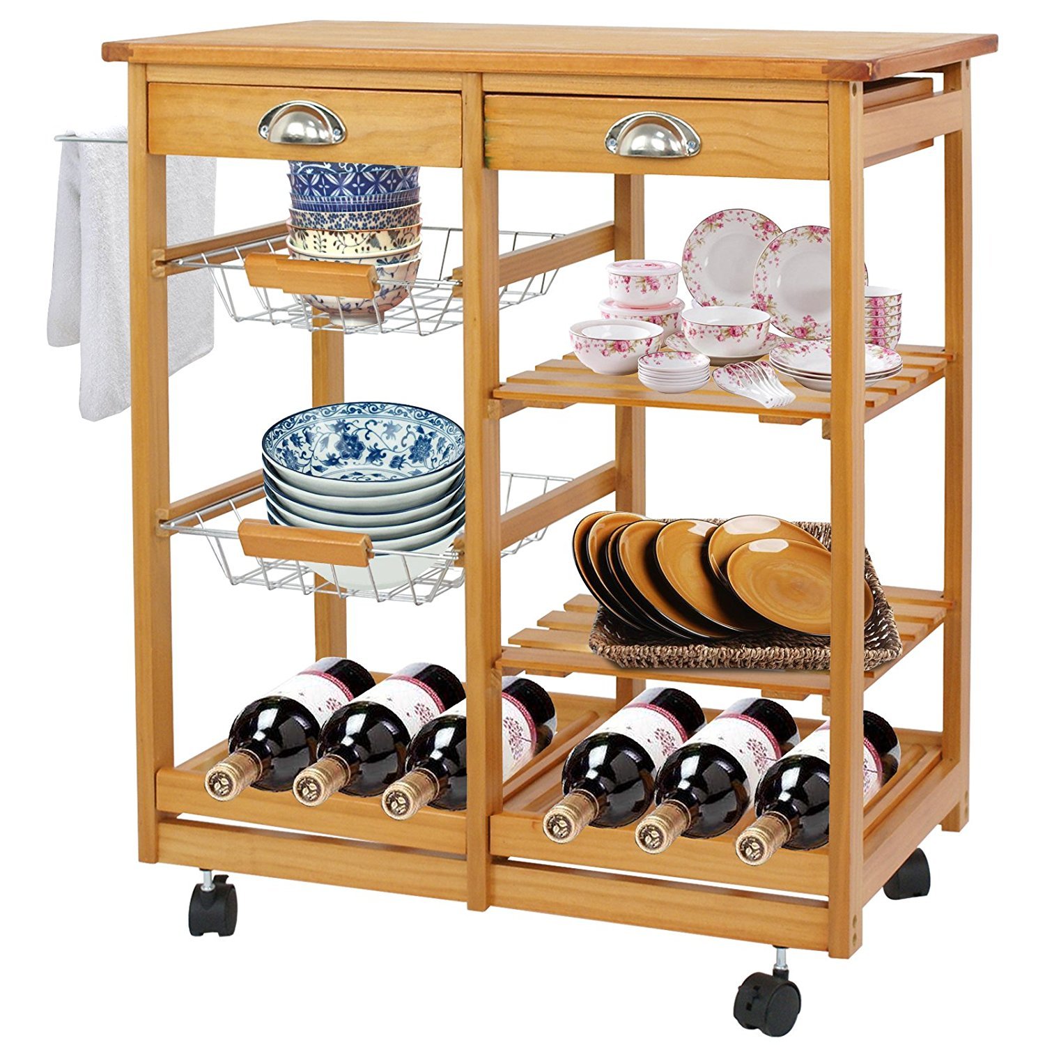 HomGarden Wooden Rolling Kitchen Storage Cart with Drawer, Shelves & Basket - Mobile Dining Island Trolley, Countertop Stand & Microwave Cart for Small Spaces | Perfect for Kitchen Organization, Pantry Storage & Dining Room Serving