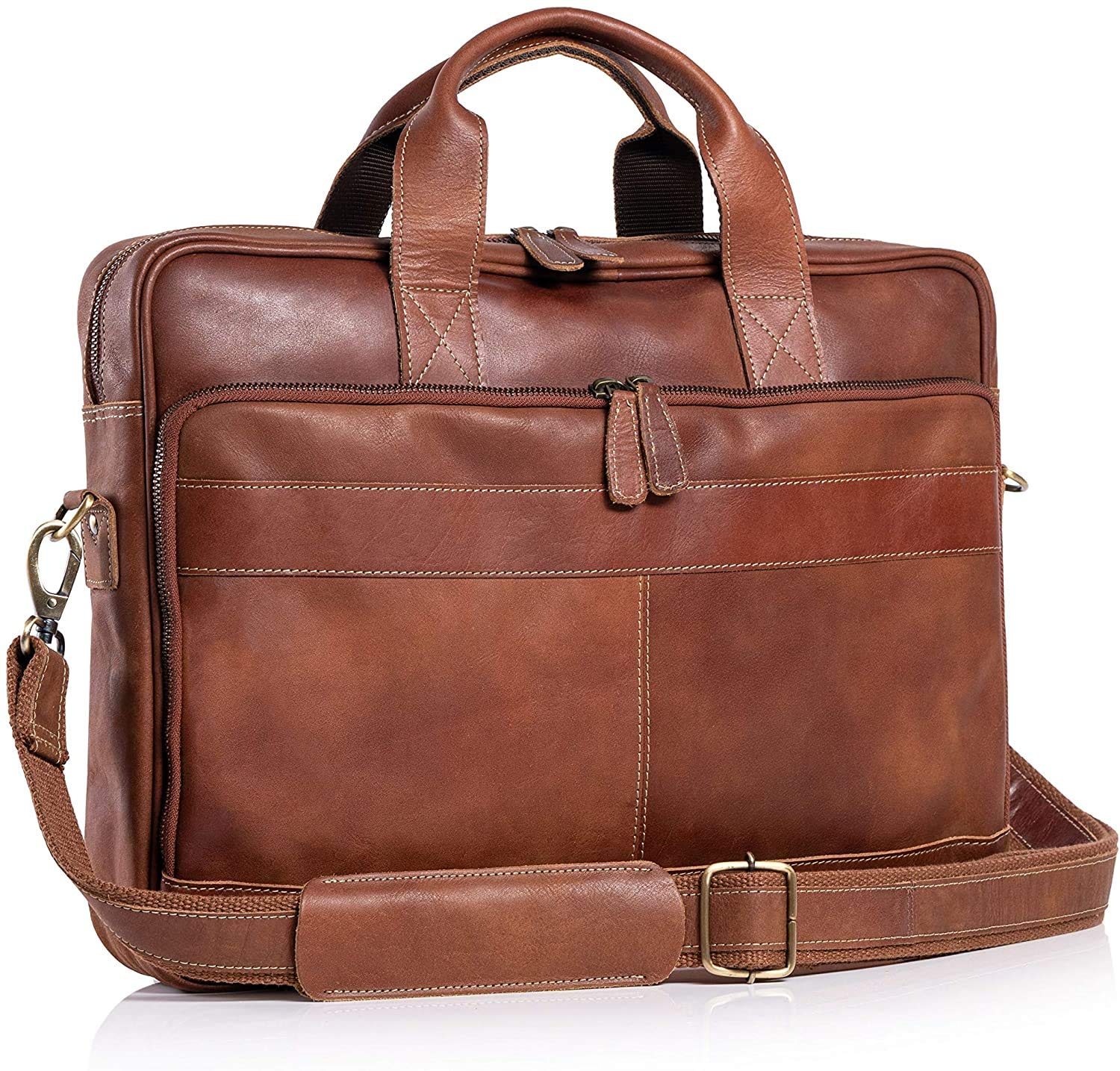 Premium 18 Inch Leather Laptop Messenger Bag for Men & Women - Professional Office Briefcase Satchel Bag (Tan) - Ideal for Business Travel, Work Commute & Daily Use