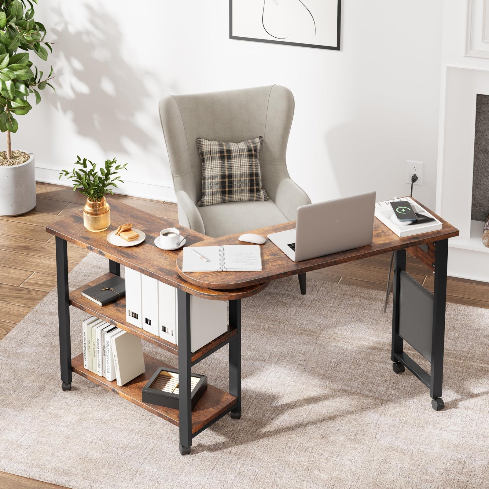 GARVEE 360° Rotatable End Table with USB Charging Station, Extra Storage Shelf & Lockable Wheels - Modern MDF & Metal Side Table for Bedroom, Living Room, Office - Perfect Nightstand for Phones, Books & Bedside Essentials