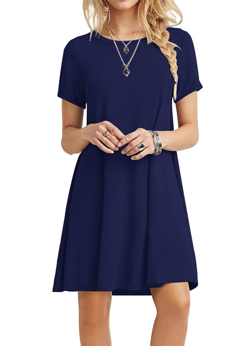 POPYOUNG 2025 Women's Summer Casual T-Shirt Dress - Soft Cotton Crew Neck Beach Cover Up Sun Dress for Vacation, Outing & Daily Wear