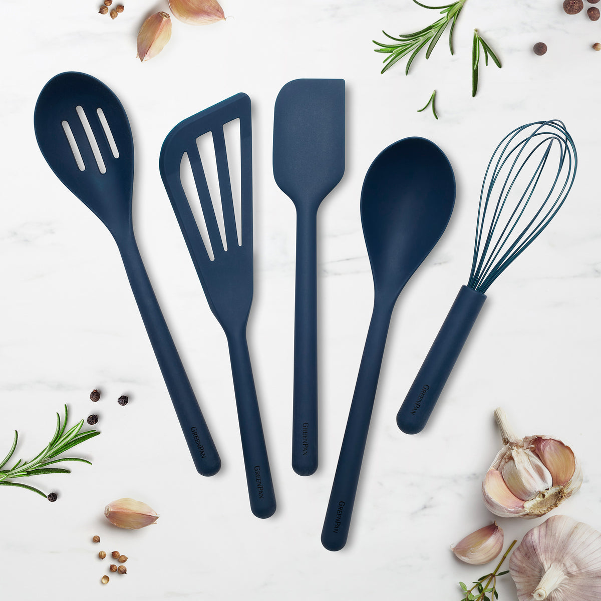 Premium 5-Piece Platinum Silicone Kitchen Utensil Set - Heat Resistant, Non-Stick, BPA Free Cooking Tools in Navy Blue | Perfect for Baking, Cooking & Serving - Spatula, Spoon, Turner, Whisk & Tongs