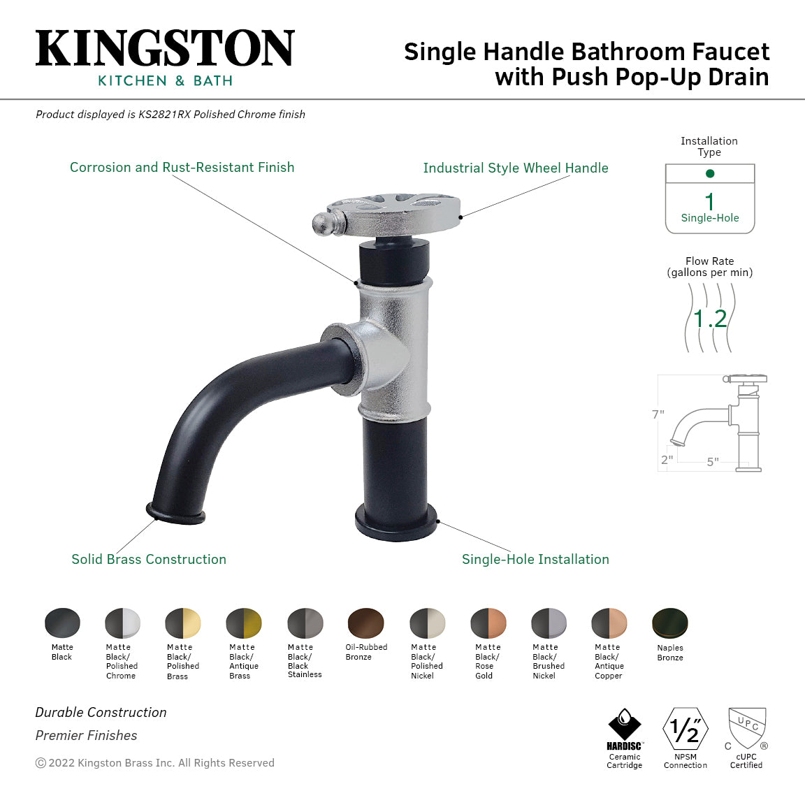 Belknap KS2823RX Single Handle 1 Hole Bathroom Faucet with Push Pop Up Drain - Matte Black/Antique Brass Finish for Modern and Vintage Bathroom Decor