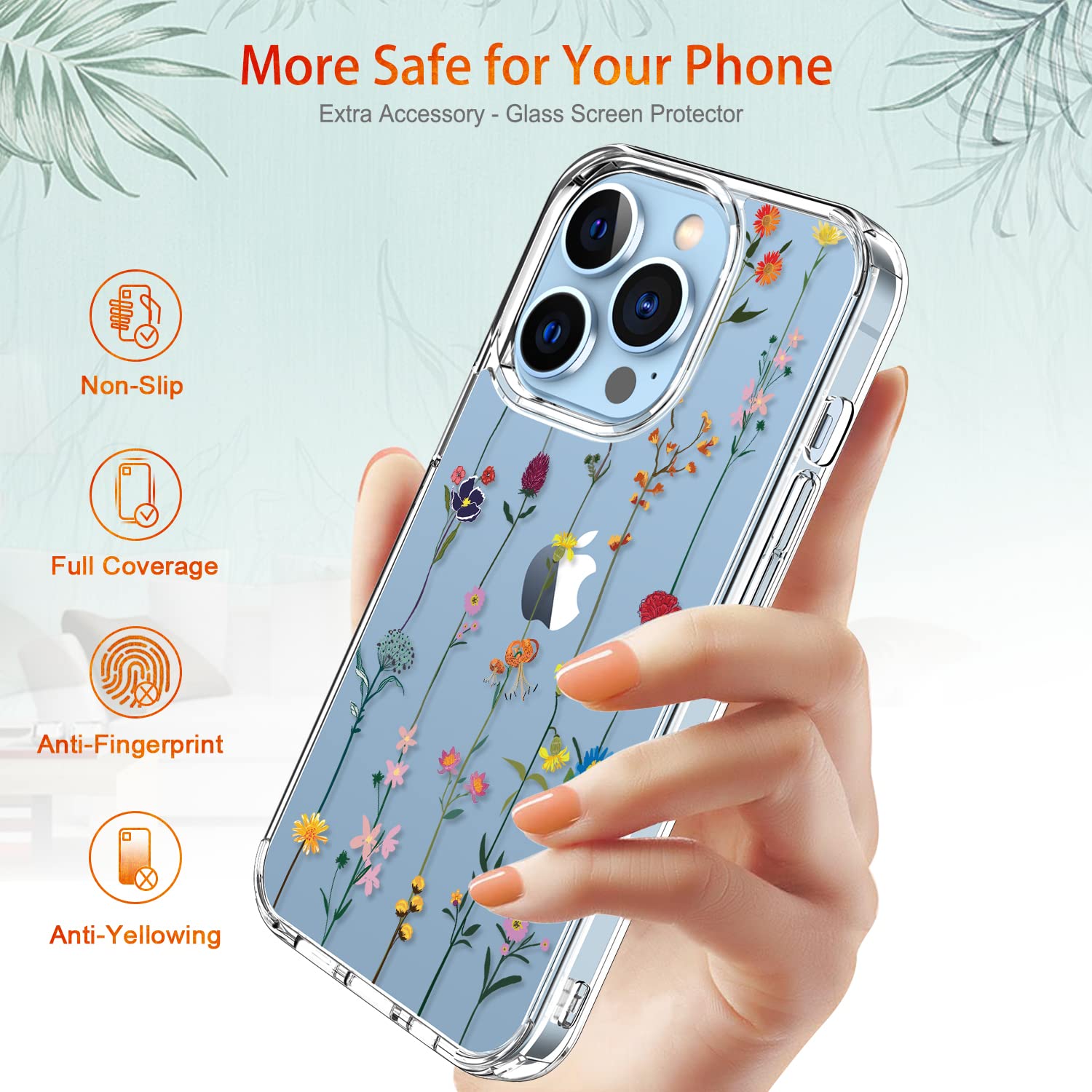 GiiKa iPhone 13 Pro Case with Screen Protector - 6.1 Inch Clear Shockproof Full Body Protective Case for Women | Floral Design Hard Case with TPU Bumper Cover | Perfect for Everyday Use, Travel & Outdoor Activities