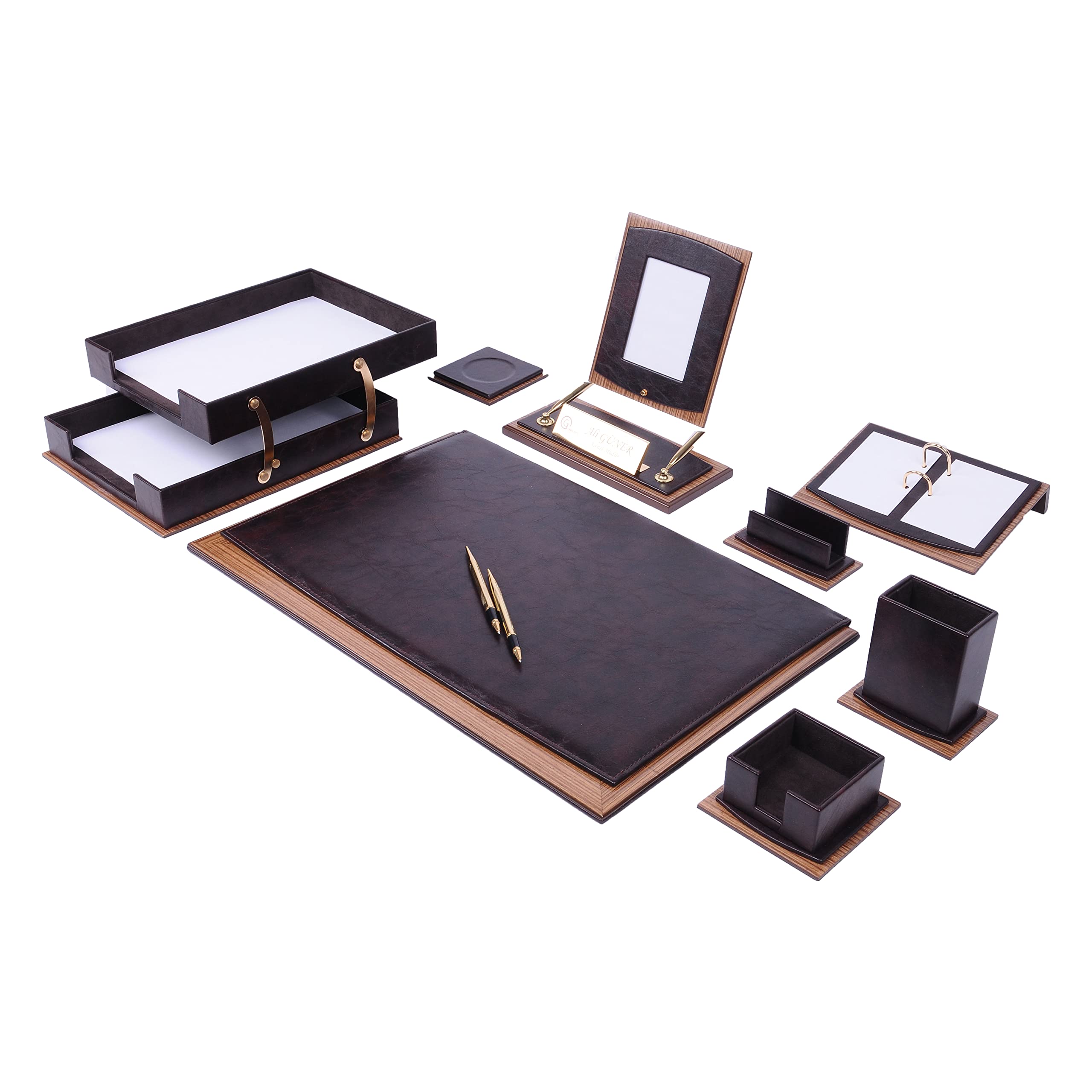 MOOGCO 11-Piece Leather and Walnut Wood Desk Set - Brown Office Organizer for Home & Workspace - Perfect for Pens, Notebooks, and Desk Accessories - Elegant Home Office Supplies for Professionals