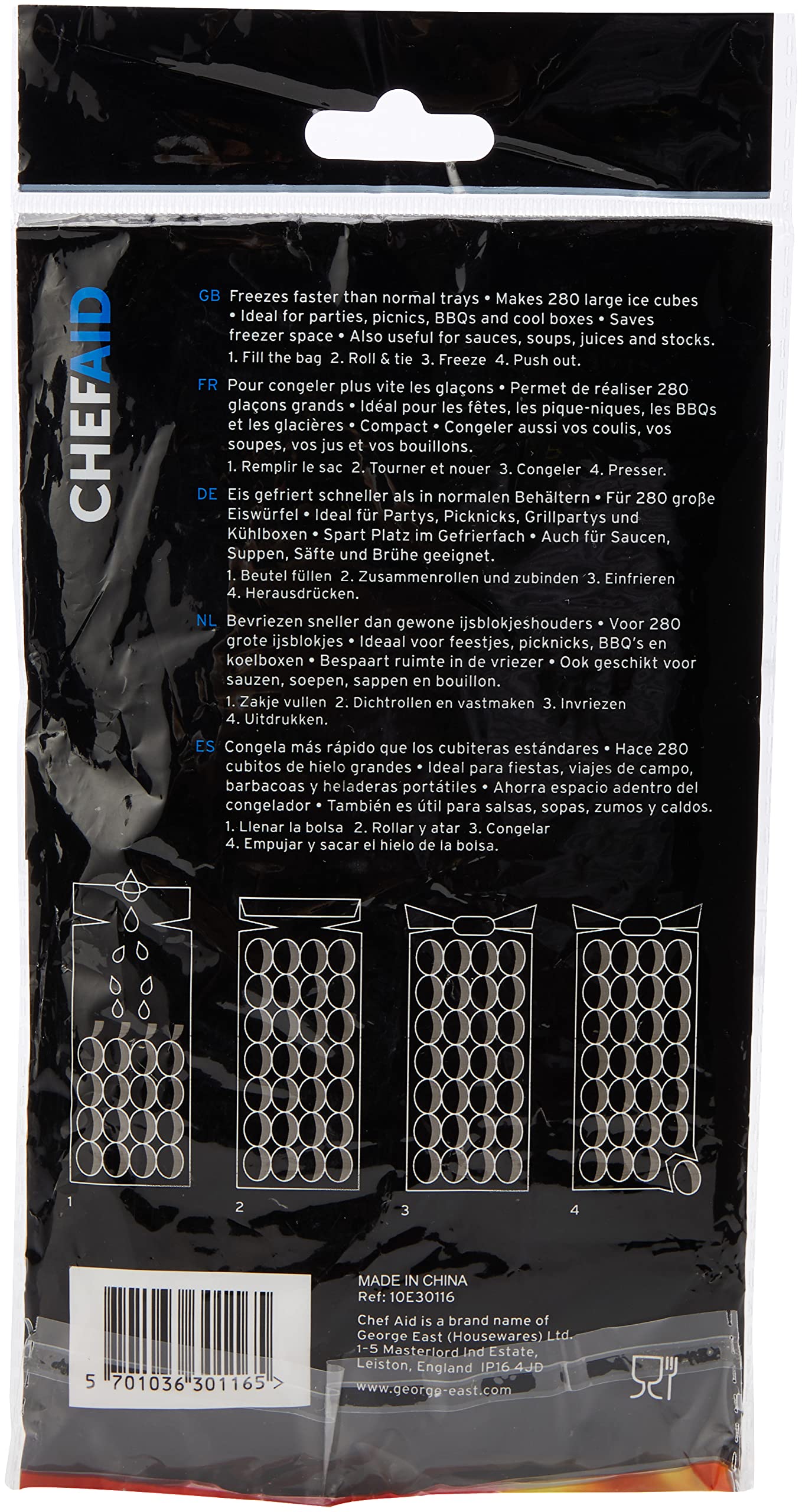 Chef Aid Reusable Ice Cube Bags - Pack of 1 Freezer Bags for Making Perfect Ice Cubes On Demand (Black) - Ideal for Cocktails, Smoothies & Beverage Cooling