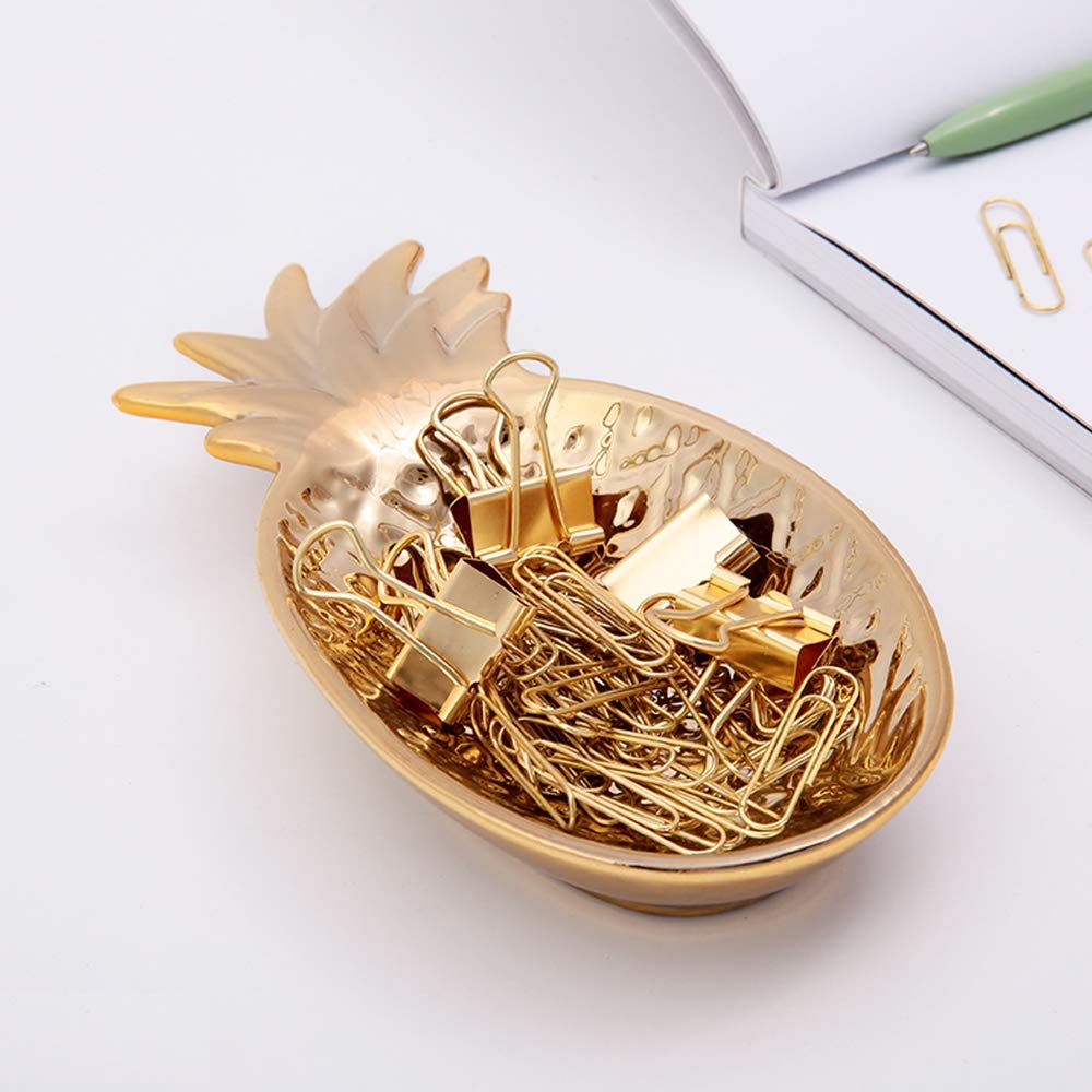 MultiBey Gold Paper Clips & Binder Clips Set with Ceramic Pineapple Tray - Cute Office Desk Organizer, Jewelry Holder, Home Decor Accessory for School, Office & Gift Giving