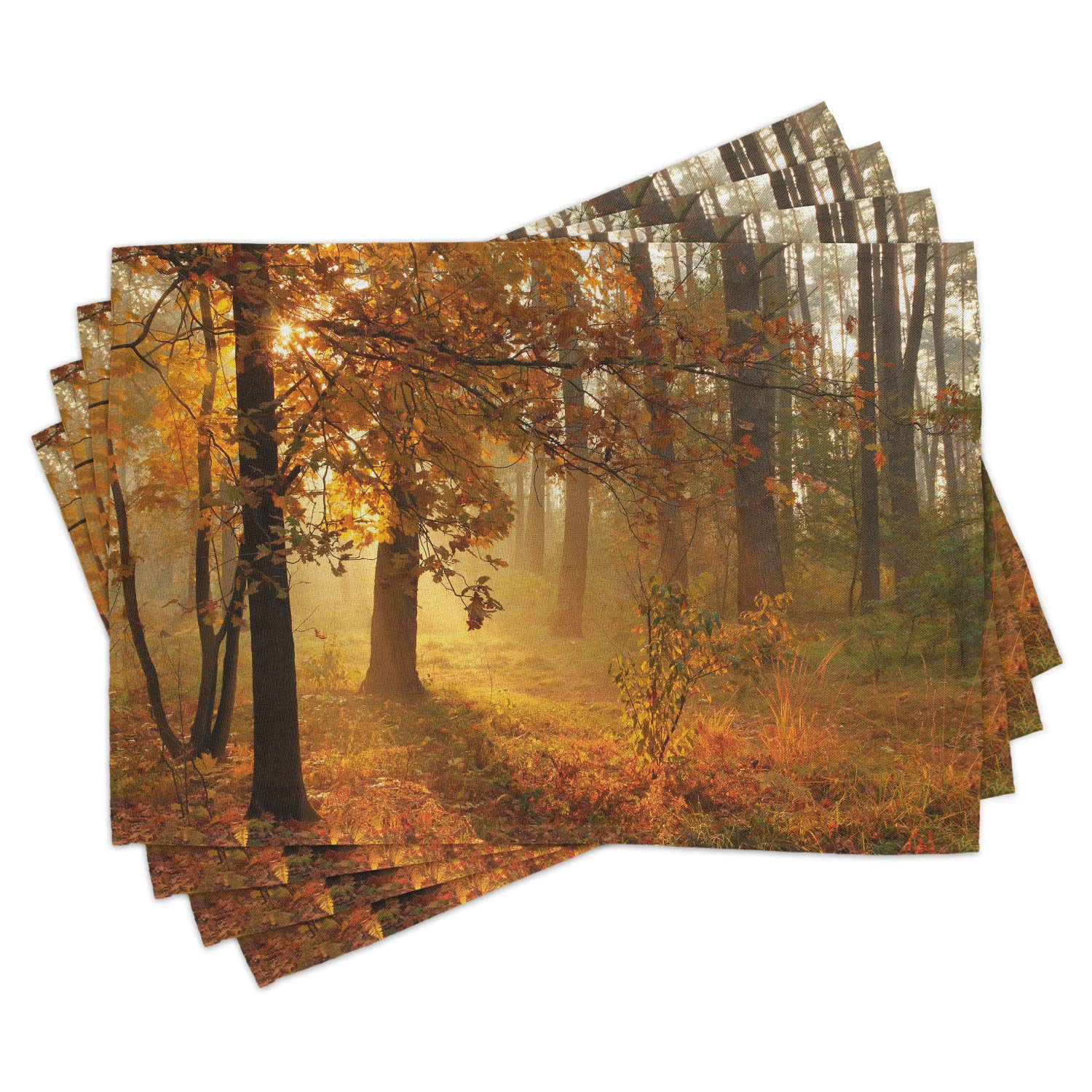 Ambesonne Autumn Placemats Set of 4 - Misty Forest Sunrise Design, Washable Fabric Table Mats for Dining Room & Kitchen Decor (Orange, Brown, Green) | Perfect for Fall Dinner Parties, Thanksgiving Decorations & Cozy Home Dining