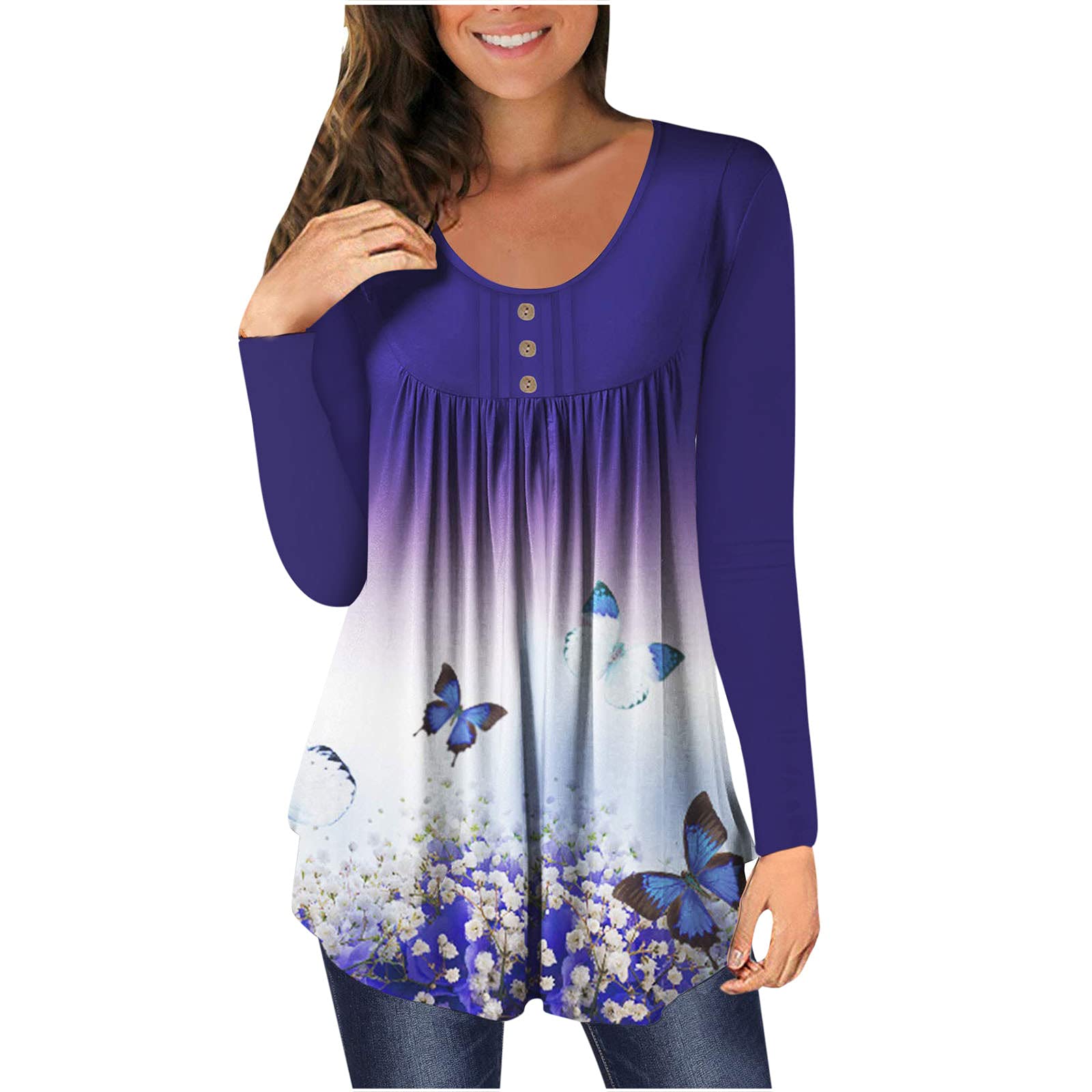 Wirziis Women's Button Down Blouse - Crew Neck Long Sleeve Flowy Top with Butterfly Print for Leggings | Casual Workwear & Everyday Outfit Essential
