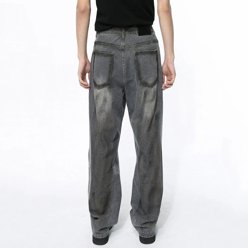 Vintage American Style Men's Denim Jeans - Distressed Washed Straight Leg Pants with Contrast Paint Design for Fall 2024 | Casual Wear, Street Style, Everyday Outfits
