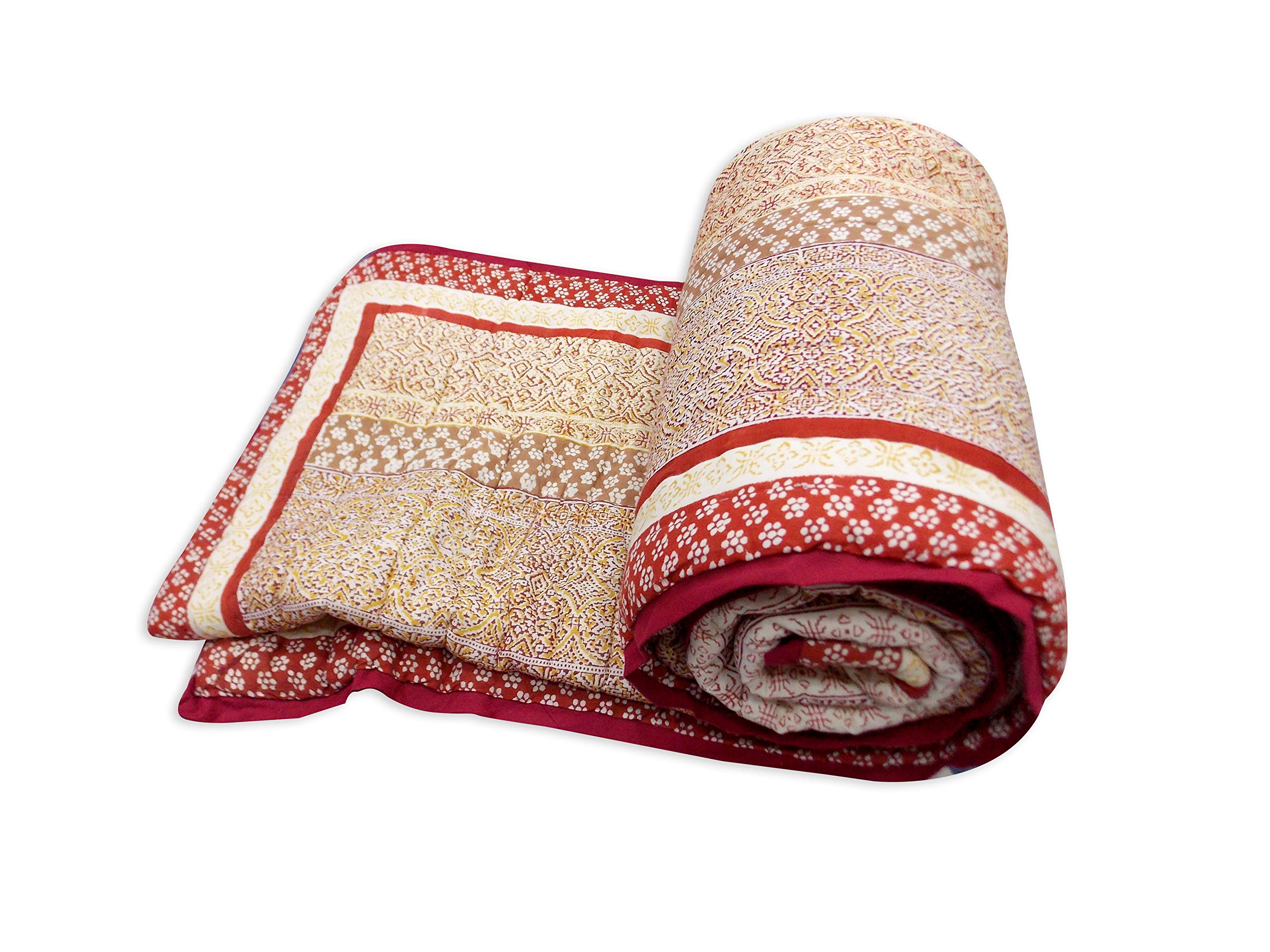 Handmade Indian Cotton Kantha Quilt - Reversible Jaipuri Rajai Blanket, Twin Size, Hand Block Printed, Traditional Design | Perfect for Bedspread, Sofa Cover, or Decorative Throw