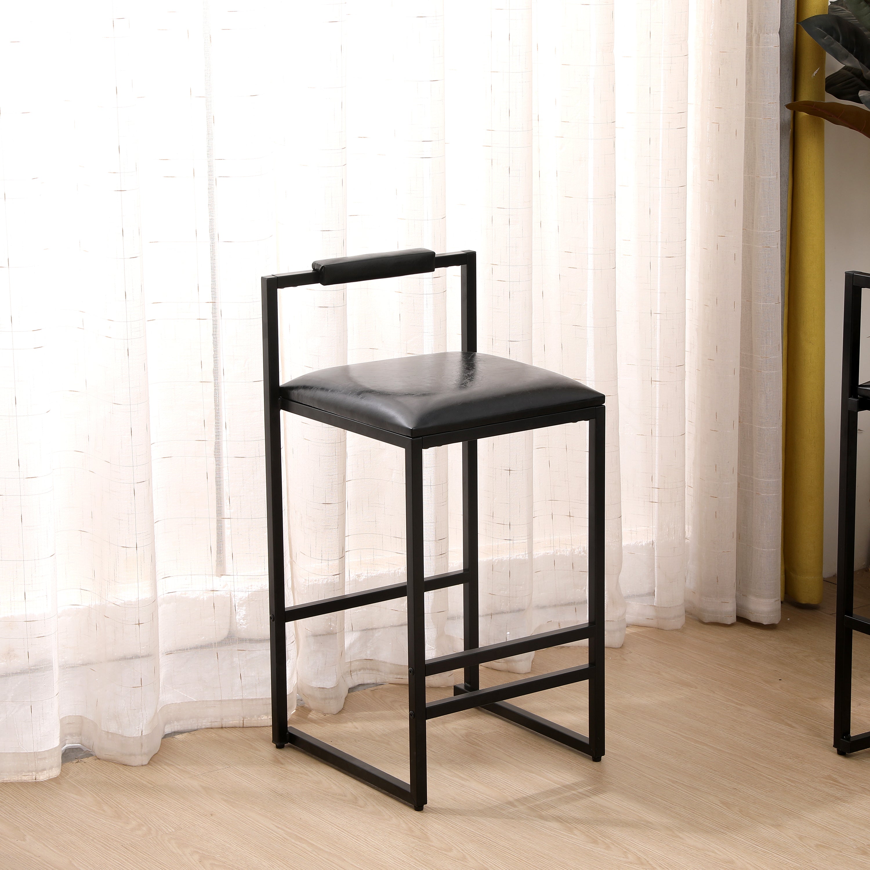 Set of 2 Black PU Leather Bar Stools with Backrest & Footrest - Counter Height Kitchen Island Stools for Home Bar, Breakfast Nook & Dining Room Decor