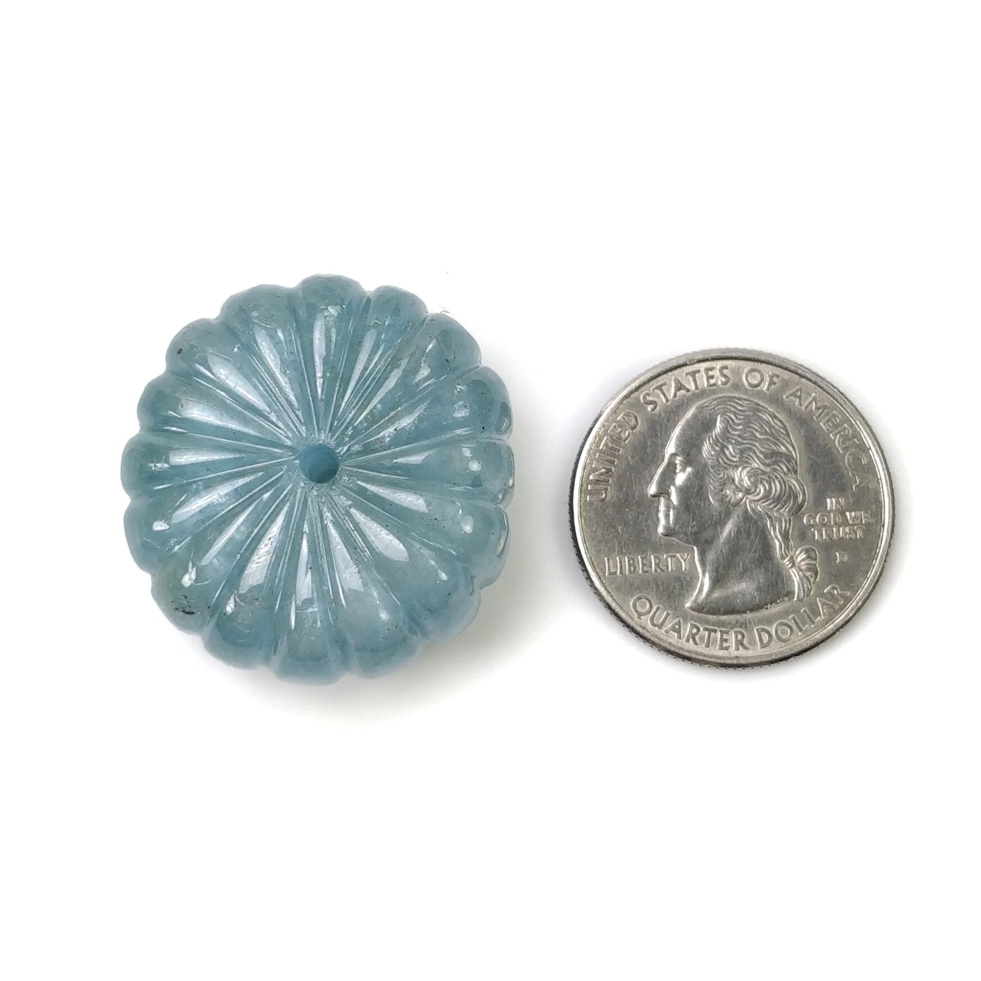 Natural Blue Aquamarine Gemstone Carving - 104.05cts Untreated Hand-Carved Round Shape 30mm with Dual-Side Drilling | Jewelry Making, Meditation Beads, Healing Crystal Collection