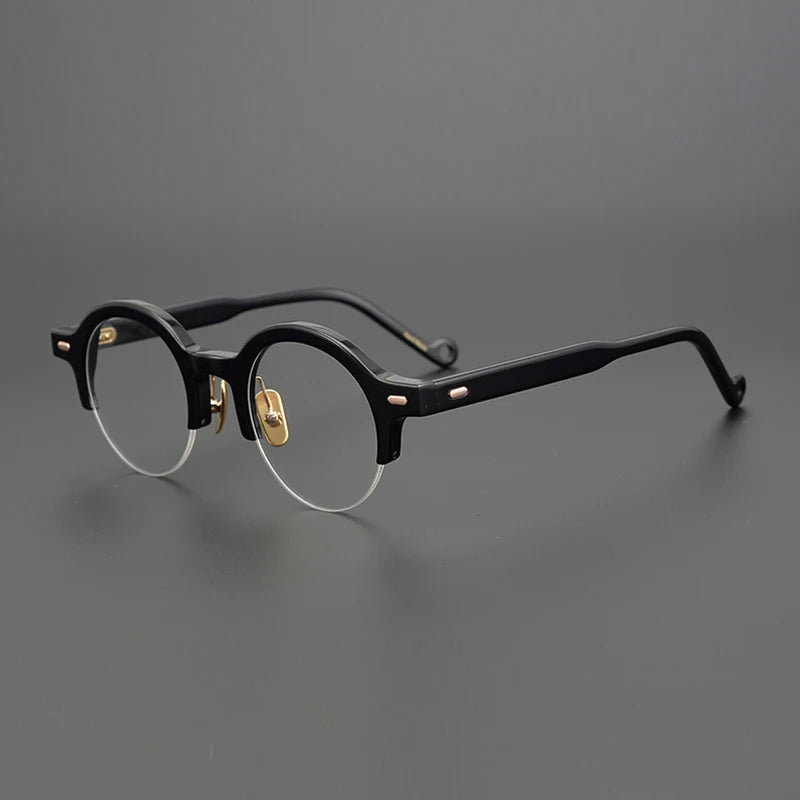 Black Unisex Semi-Rimless Round Acetate Eyeglasses Frame 9535 - Lightweight & Durable for Reading, Driving, and Everyday Wear