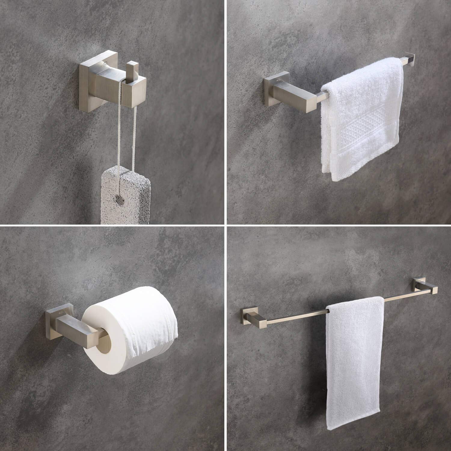 KIBI 4-Piece Bathroom Hardware Set - Solid Brass Towel Bar, Towel Ring, Toilet Paper Holder & Robe Hooks - Brushed Nickel Finish (C-KBA15-4) | Modern Bathroom Accessories for Home & Hotel Decor | Perfect for Powder Rooms, Master Baths & Spa-Style Retreats