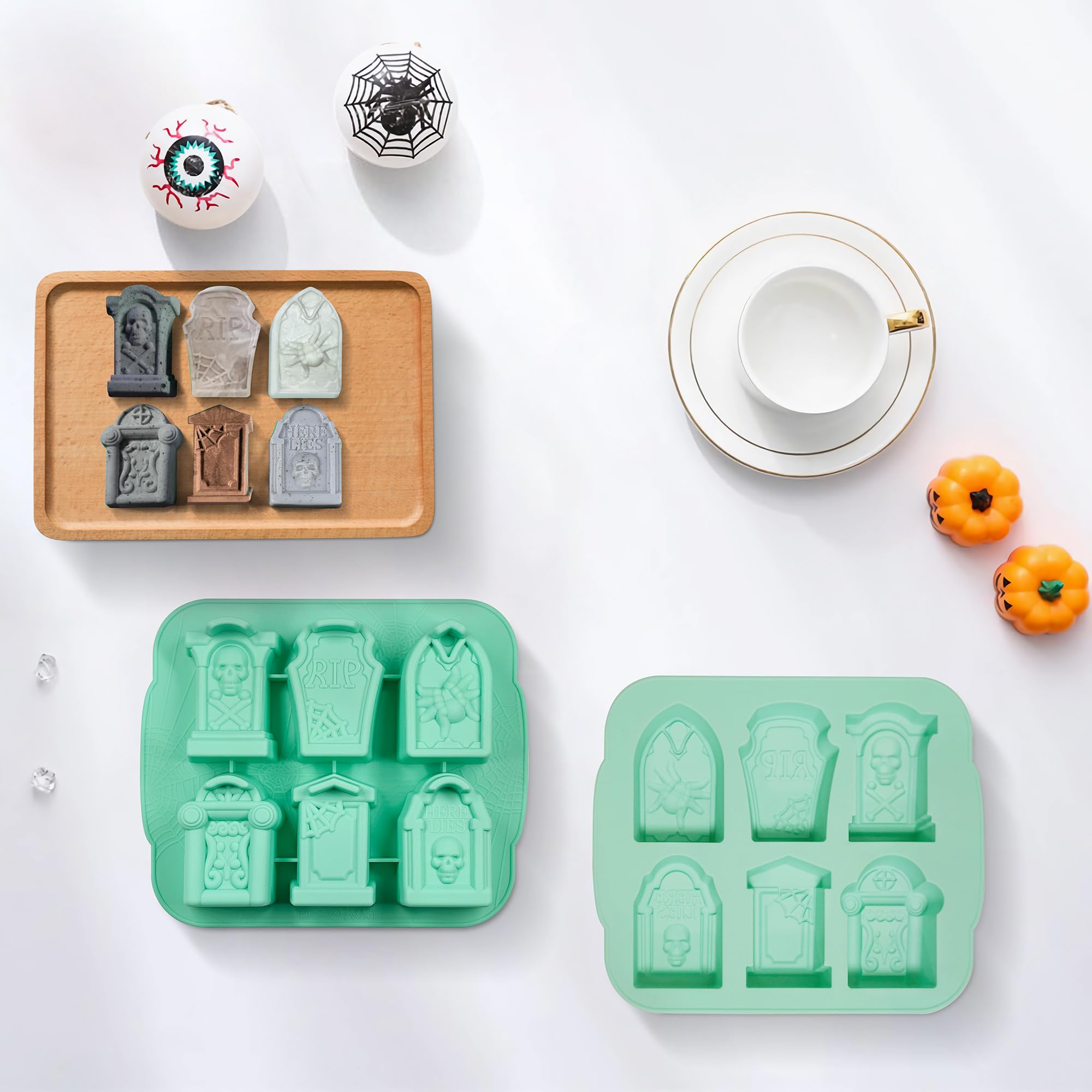 Halloween Silicone Mold Set of 2 - RIP Gravestone Ice Cube Tray for Chocolate, Candy, Jello, Cake & Soap Making - Perfect for Spooky Party Decor & DIY Halloween Treats
