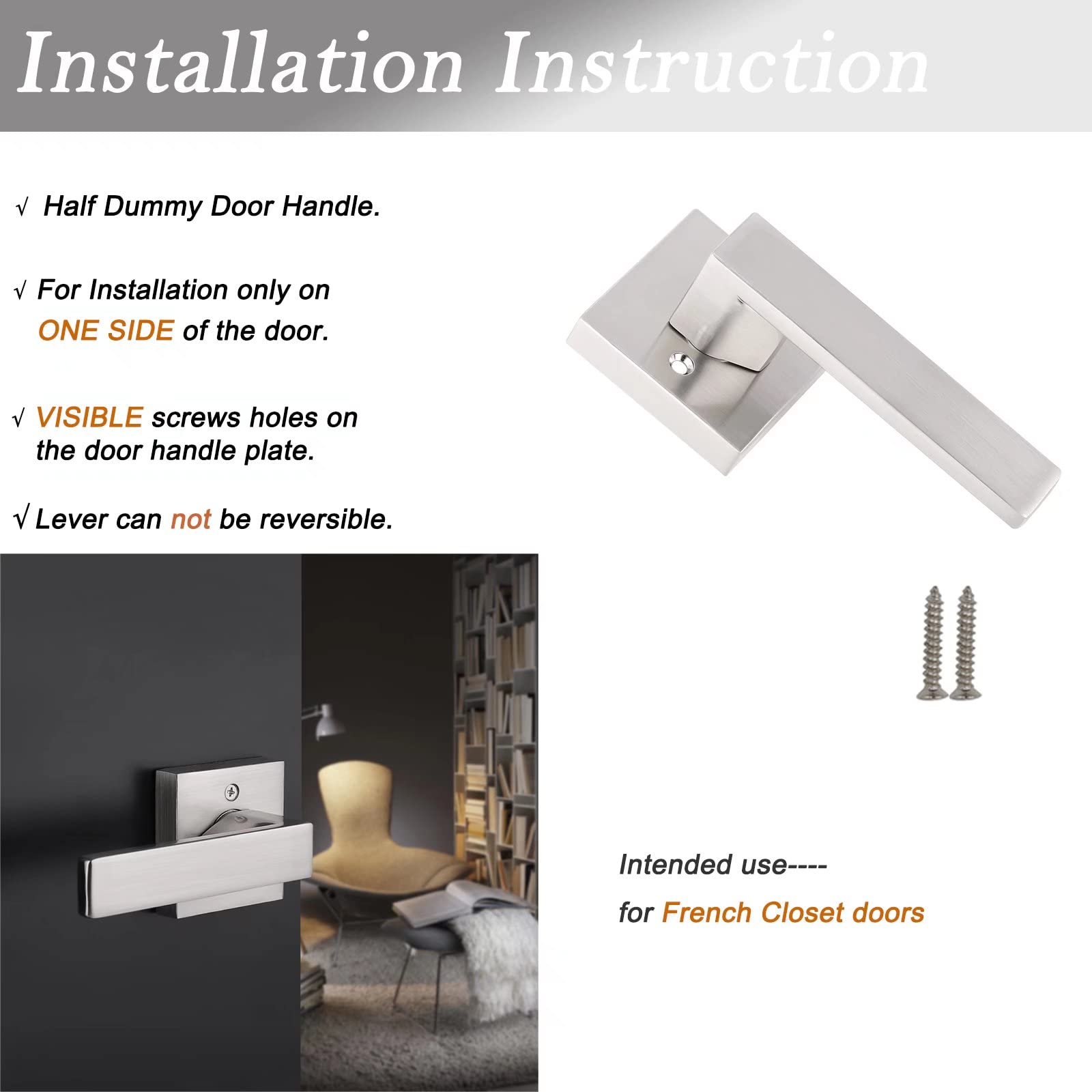 Probrico 10-Pack Square Dummy Door Lever Handles - Non-Turning Single Side Pull with Satin Nickel Finish for Closets & French Doors - Easy Installation Pull Only Lever Set - Perfect for Home, Office & Commercial Spaces