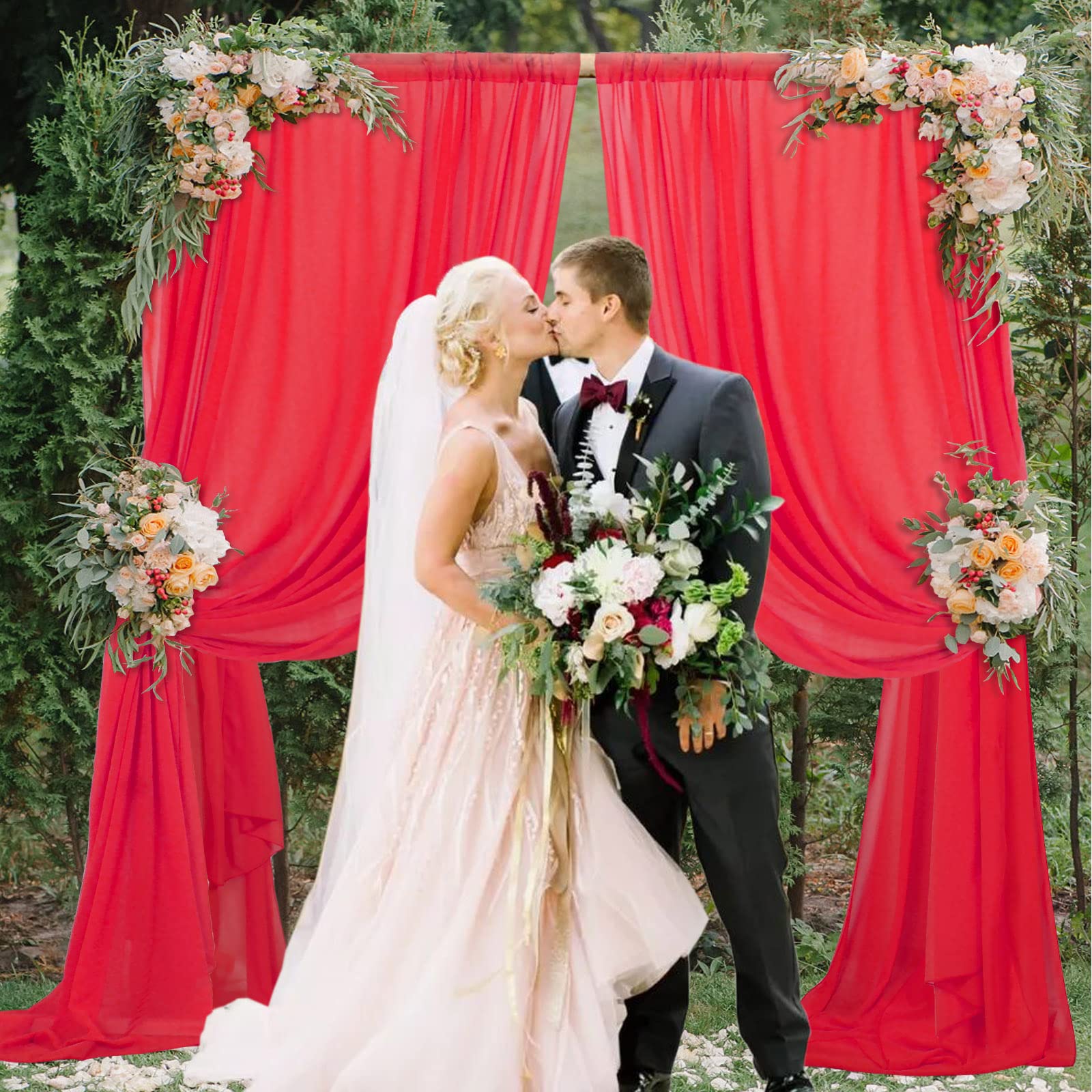 DUOBAO 2-Panel Red Chiffon Backdrop Curtains 29x120 Inch - Elegant Wedding Drapes, Beach Party Decor, Living Room Voile Window Curtains & Photography Background for Ceremonies, Events and Home Decor