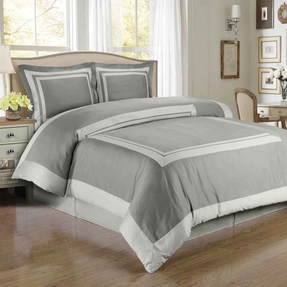 Premium Egyptian Cotton Duvet Cover Set - Full/Queen Size 3-Piece Bedding in Hotel Gray & Light Gray | Luxury Soft Breathable Bed Sheets for Master Bedroom, Guest Room & Airbnb
