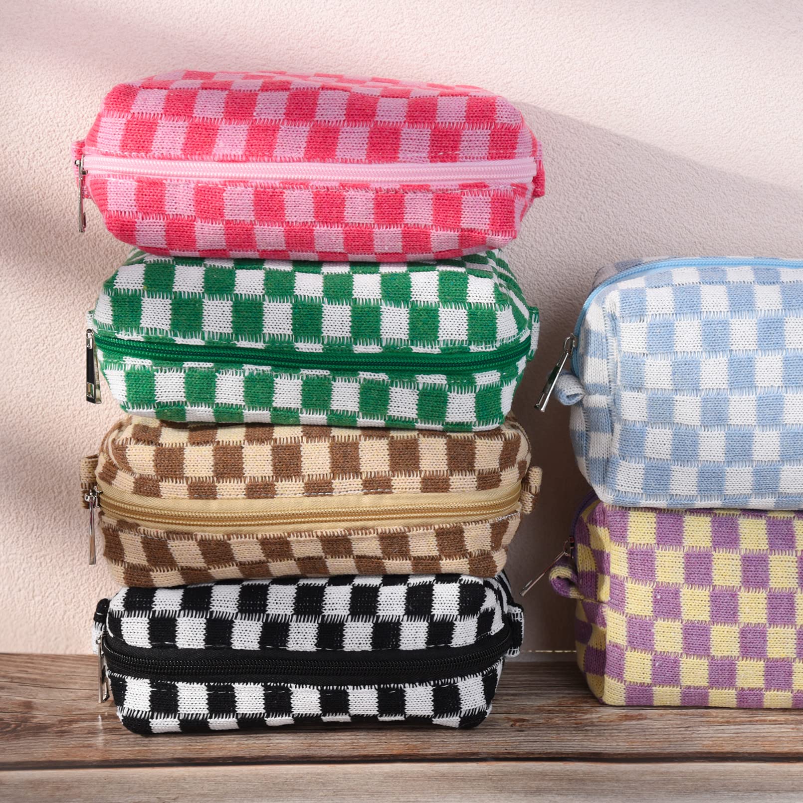 6-Piece Checkered Makeup Bag Set - Pink & Black Preppy Cosmetic Pouches for Women | Travel Toiletry Organizer, DIY Brush Storage | Perfect for School, Gym & Vacation Essentials