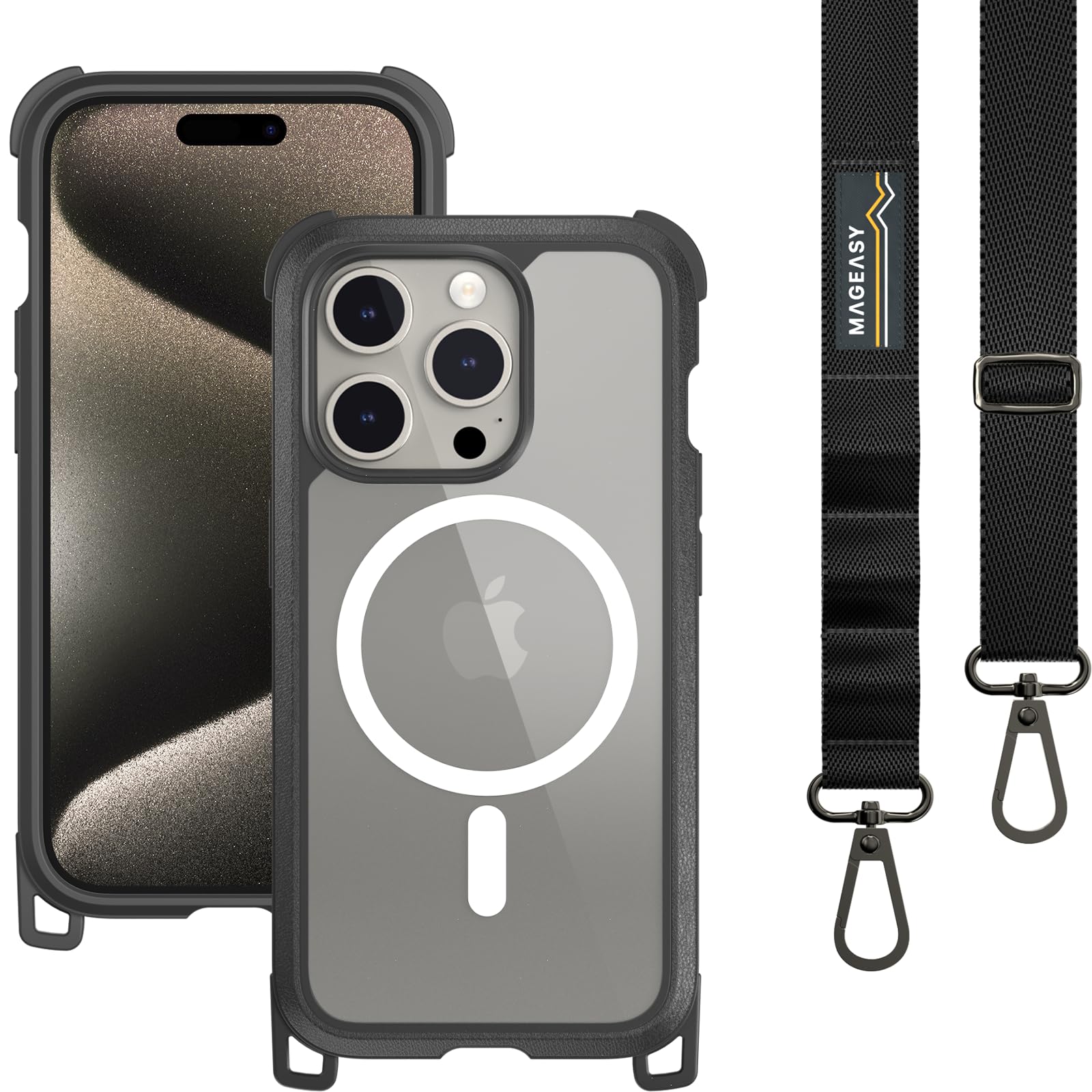 MAGEASY Heavy Duty Phone 15 Pro Case with 16ft Drop Protection & Crossbody Strap | 6.1
