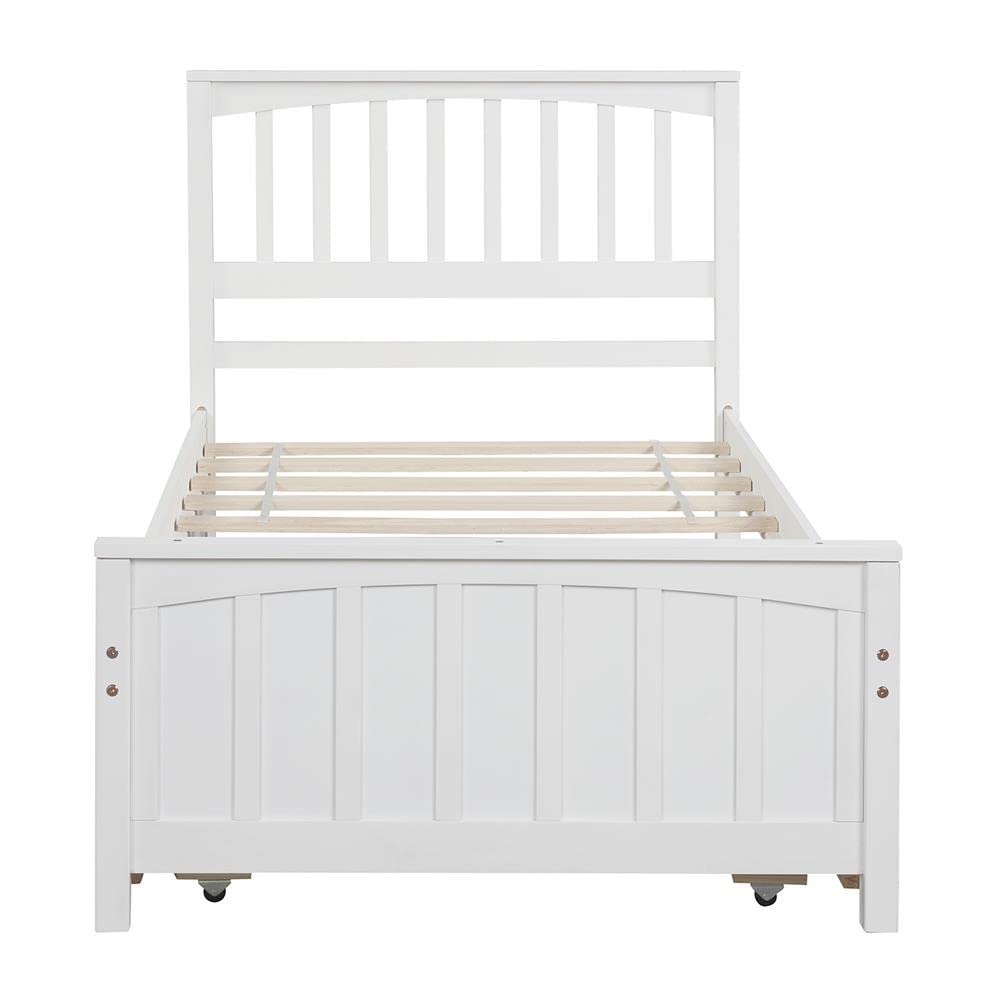White Double Bed Frame with Rollers - Wooden Platform Bed Frame - Simple & Spacious Design - Easy to Move - Perfect for Small Apartments, Guest Rooms & Dormitories