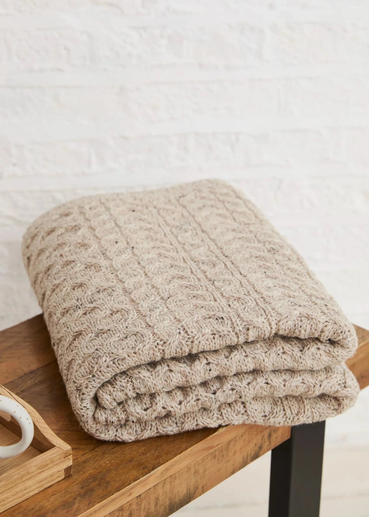 Aran Pure Wool Throw Blanket - Soft & Warm Oatmeal Color - Perfect for Sofa, Bed & Cozy Winter Nights