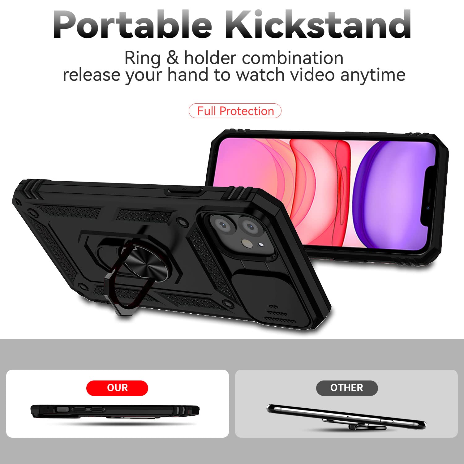 Hitaoyou iPhone 11 Case with Camera Cover & Kickstand - Military Grade Shockproof Heavy Duty Protective Magnetic Phone Cover for iPhone 11 (Black) - Perfect for Outdoor Activities, Travel and Daily Protection