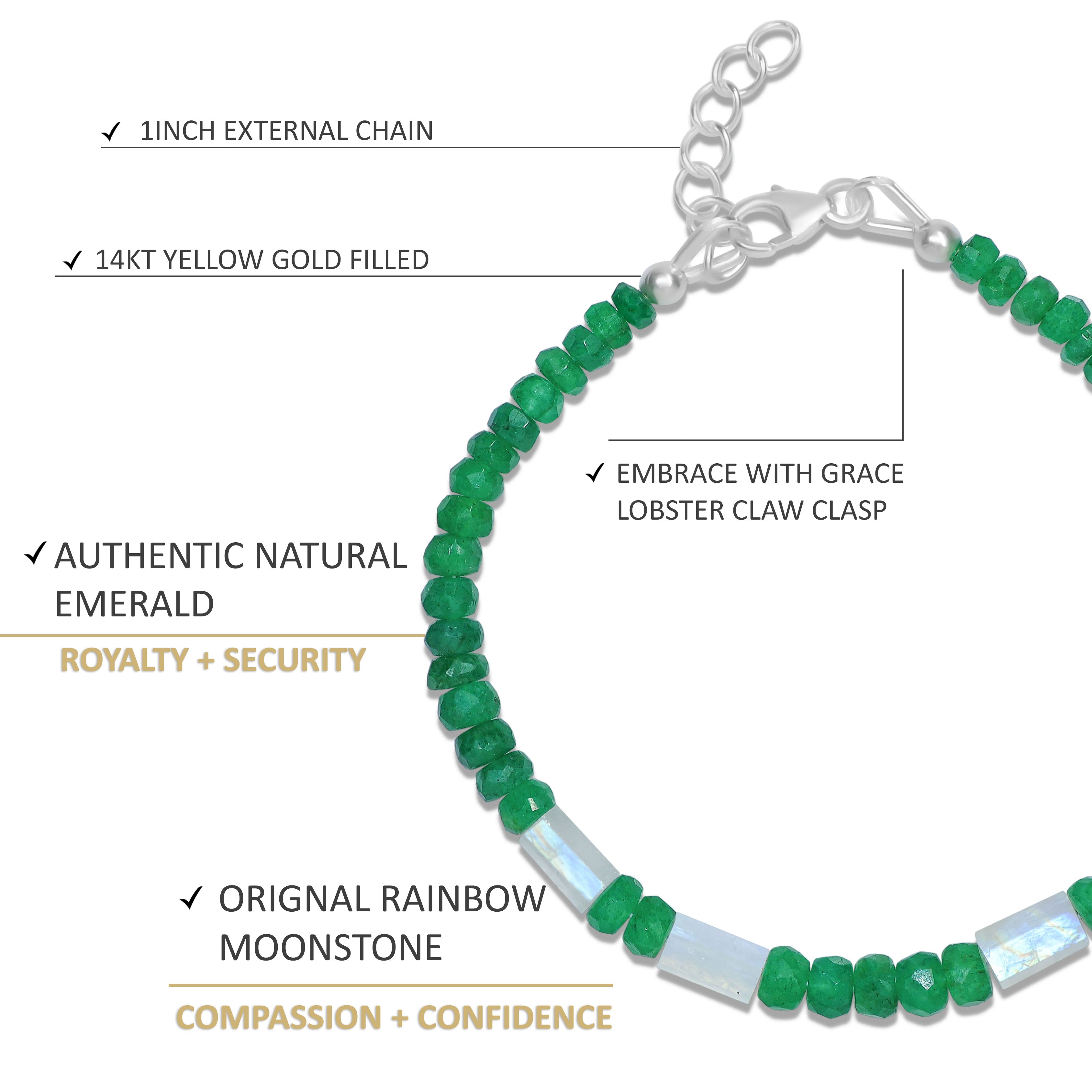 Natural Emerald & Moonstone Beaded Bracelet for Women - Handmade Adjustable Pencil Beads Jewelry - Perfect for Yoga, Meditation & Boho Fashion