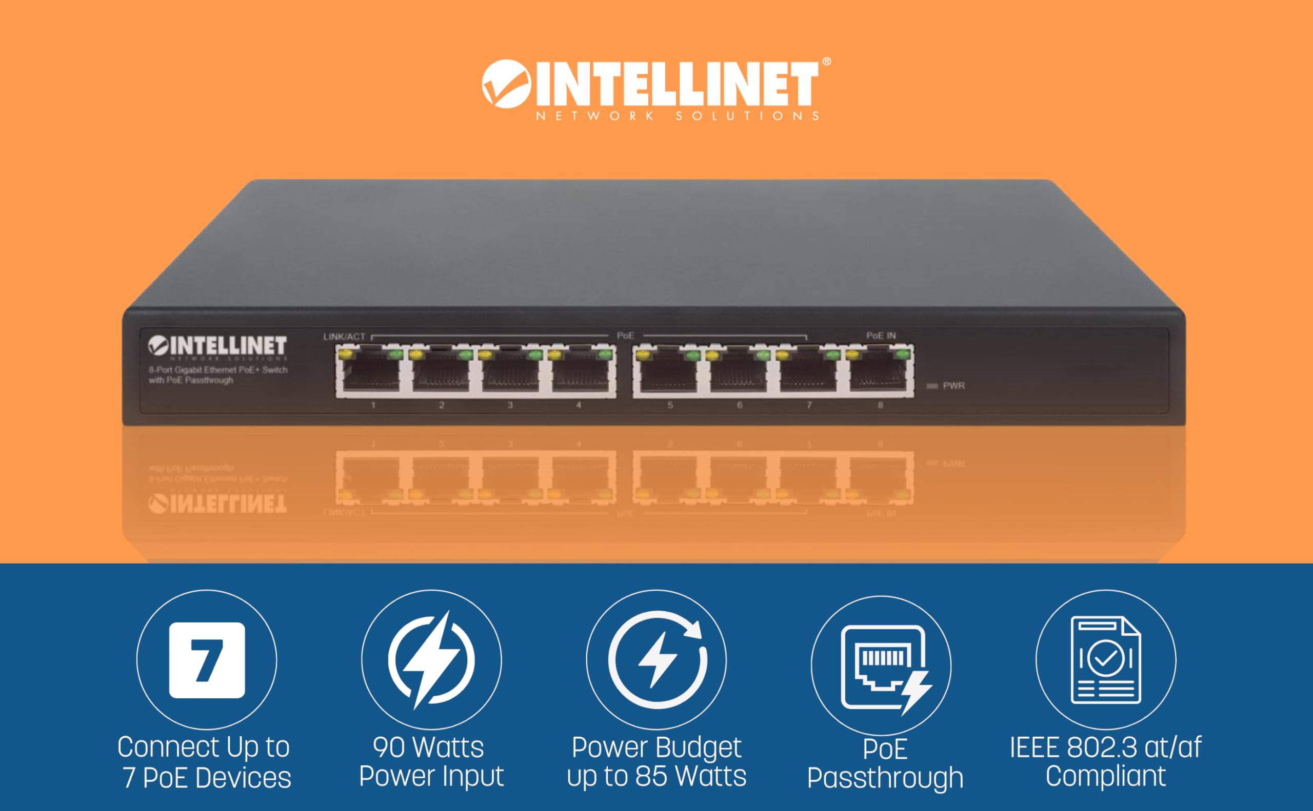 Intellinet 8-Port Gigabit PoE+ Switch with Passthrough - High-Speed Ethernet Network Switch for Home & Office (Black) - Perfect for IP Cameras, VoIP Phones & Wireless Access Points