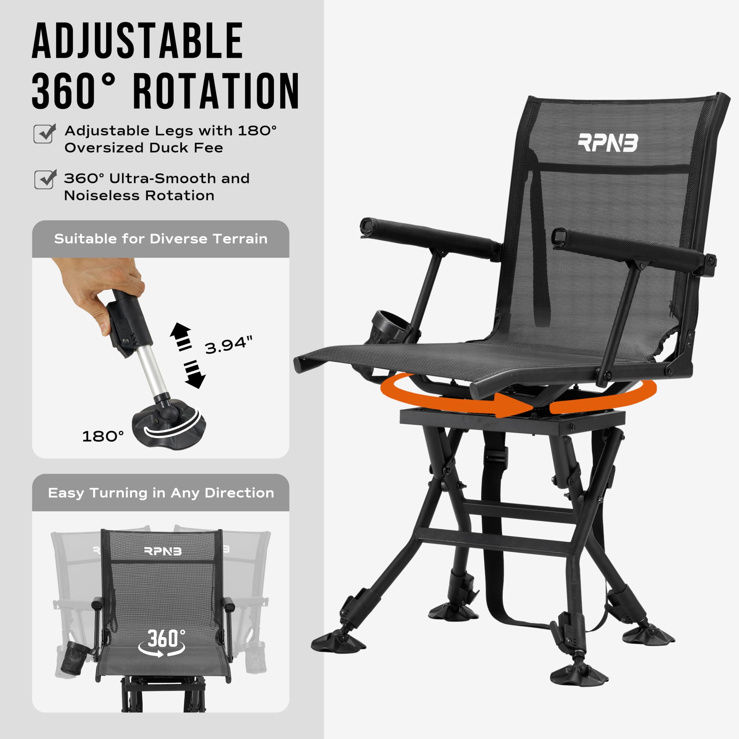 RPNB 360° Swivel Hunting Chair with Adjustable Legs & Duck Feet - Silent Hunting Blind Chair, 300LBS Capacity, Portable Folding Textilene Seat for Deer Hunting, Duck Hunting & Fishing - Perfect for Tree Stands, Ground Blinds & Outdoor Adventures