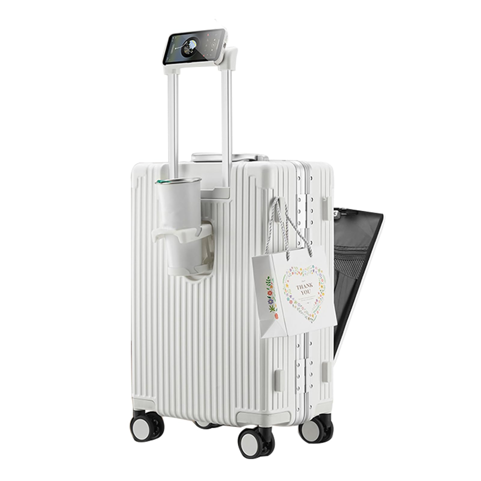 Feilario 20 Inch Aluminum Frame Hardside Spinner Wheel Carry-On Luggage with TSA Lock, USB Port, Cup Holder & Phone Holder - Perfect for Air Travel, Business Trips & Weekend Getaways