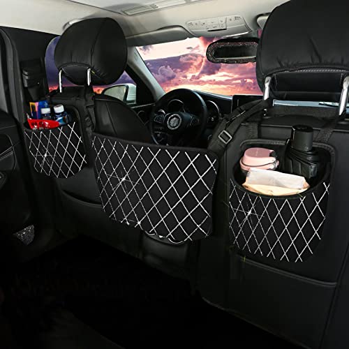 Bling Crystal Car Seat Organizer - 2 Pack White Rhombic Storage Caddy for Front & Back Seats | Perfect for Road Trips, Baby Essentials & Travel Organization