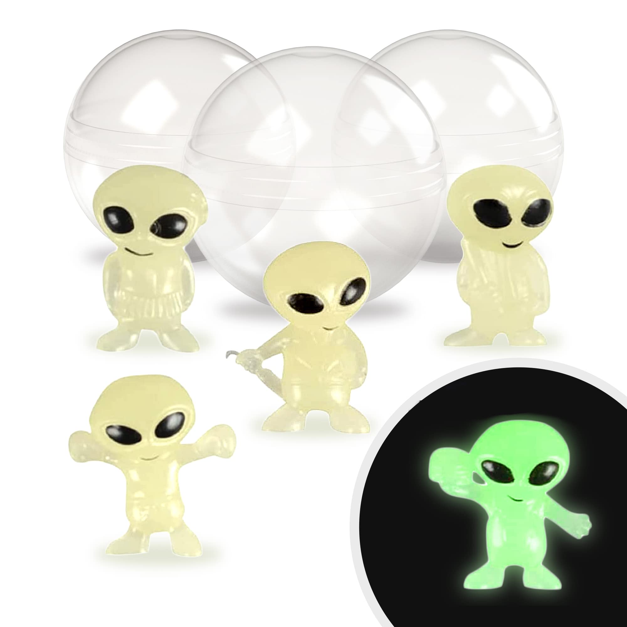Glow in The Dark Alien Figurines & Clear Vending Machine Capsules - 100 Pcs Small Plastic Toys + 100 Empty Capsules for Kids Party Favors, Classroom Rewards & DIY Toy Projects