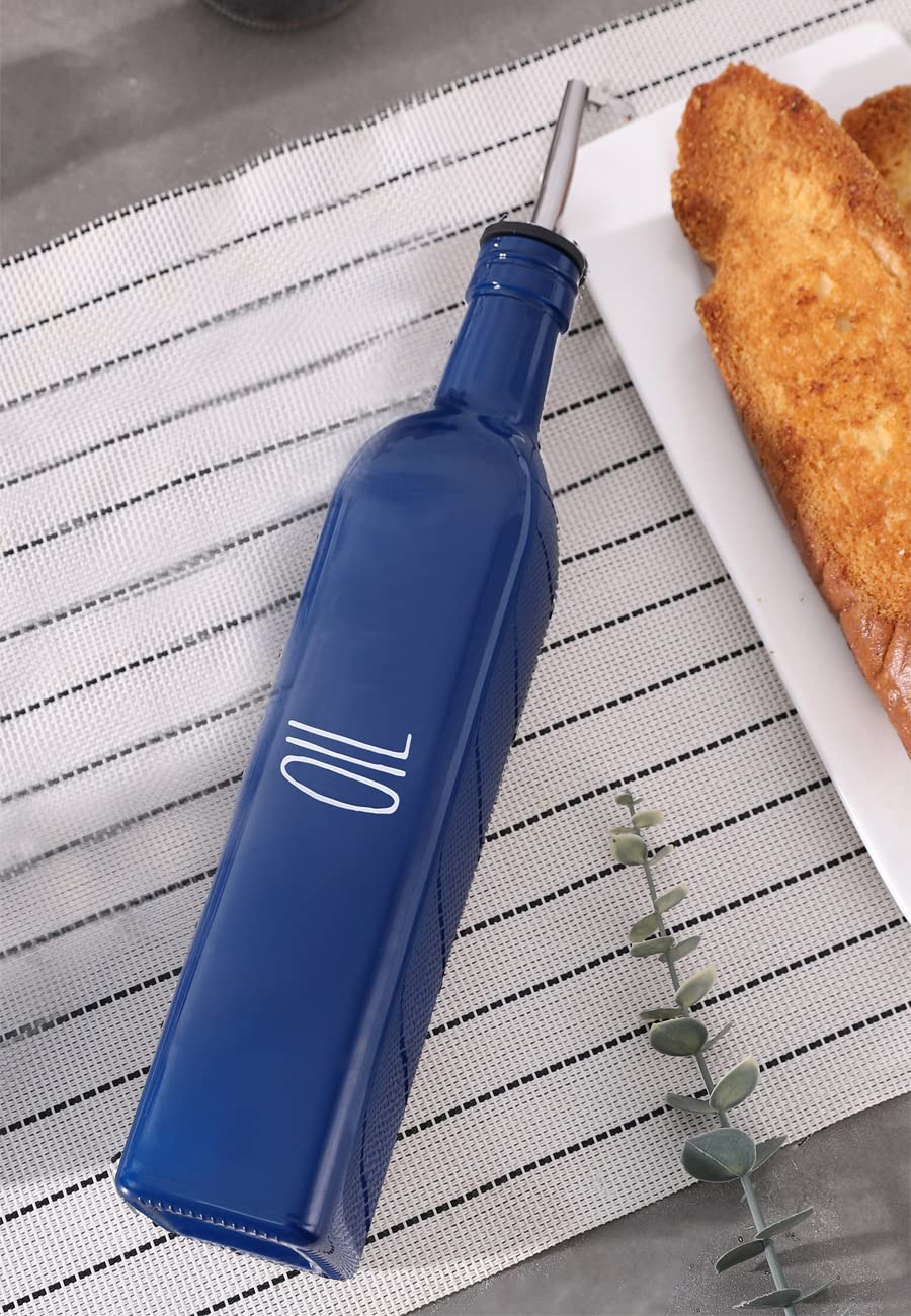 17oz Glass Olive Oil Dispenser Bottle with Pour Spout - Navy Blue Farmhouse Kitchen Decor Set for Cooking, Salad Dressing & Baking (1 Bottle)
