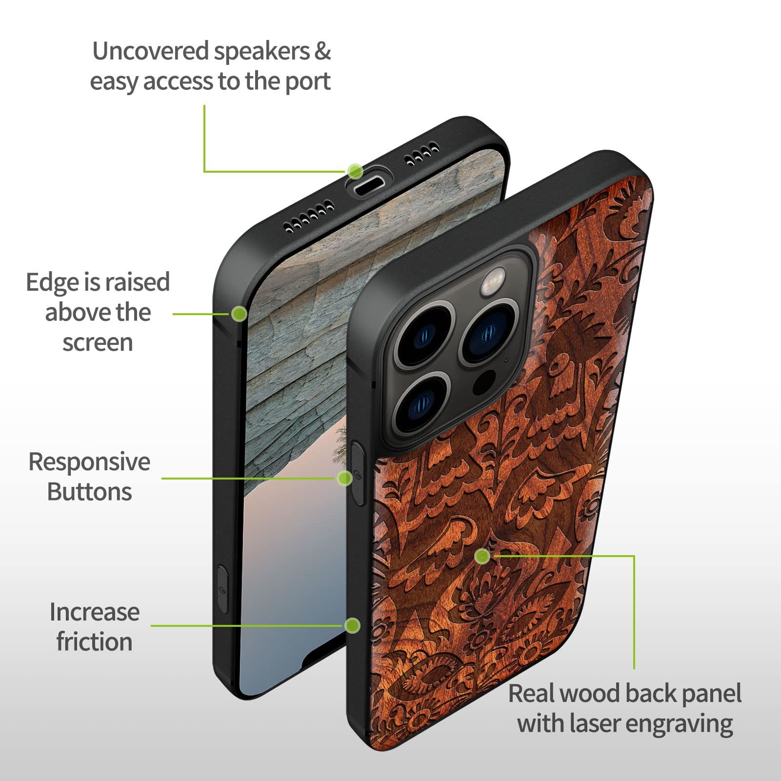 Carveit Magnetic Wood Case for iPhone 13 Pro Max - Natural Wood & Black Soft TPU Shockproof Protective Cover - MagSafe Compatible Wooden Phone Case (Floral Roosters Red Wood Design) - Perfect for Outdoor Adventures & Everyday Protection