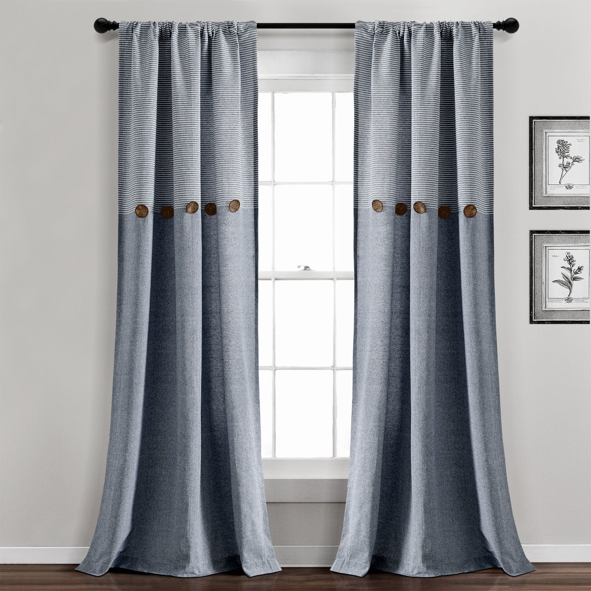 Farmhouse Style Button Stripe Yarn Dyed Woven Cotton Blend Curtain Panel Set - Light Filtering Window Treatments for Living Room, Bedroom & Dining Room