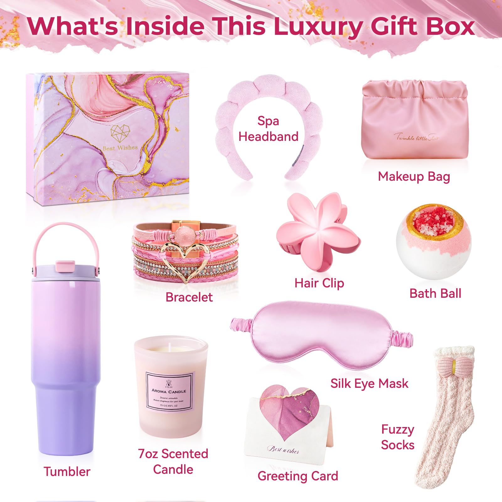 Luxury Self Care Gift Basket for Women - Birthday, Get Well Soon, Thank You Gift for Her, BFF, Girlfriend, Wife, Sister, Coworker - Includes Tumbler, Bracelet, Hair Clip, Headband, Socks & Eye Mask - Perfect for Spa Day, Relaxation & Thoughtful Surprises