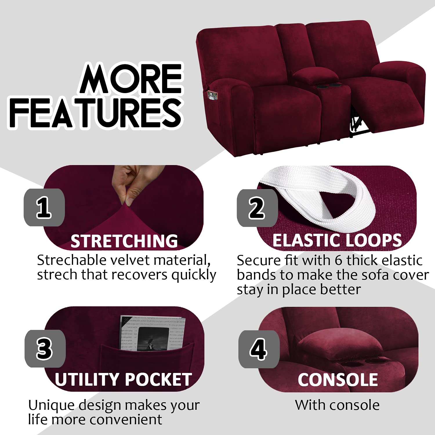 Reclining Loveseat Slipcover with Middle Console - 8-Piece Velvet Stretch Sofa Cover Set for 2-Seat Recliners | Soft, Thick & Washable Fabric | Burgundy Wine Color | Perfect for Living Room, Home Theater & Family Room Furniture Protection