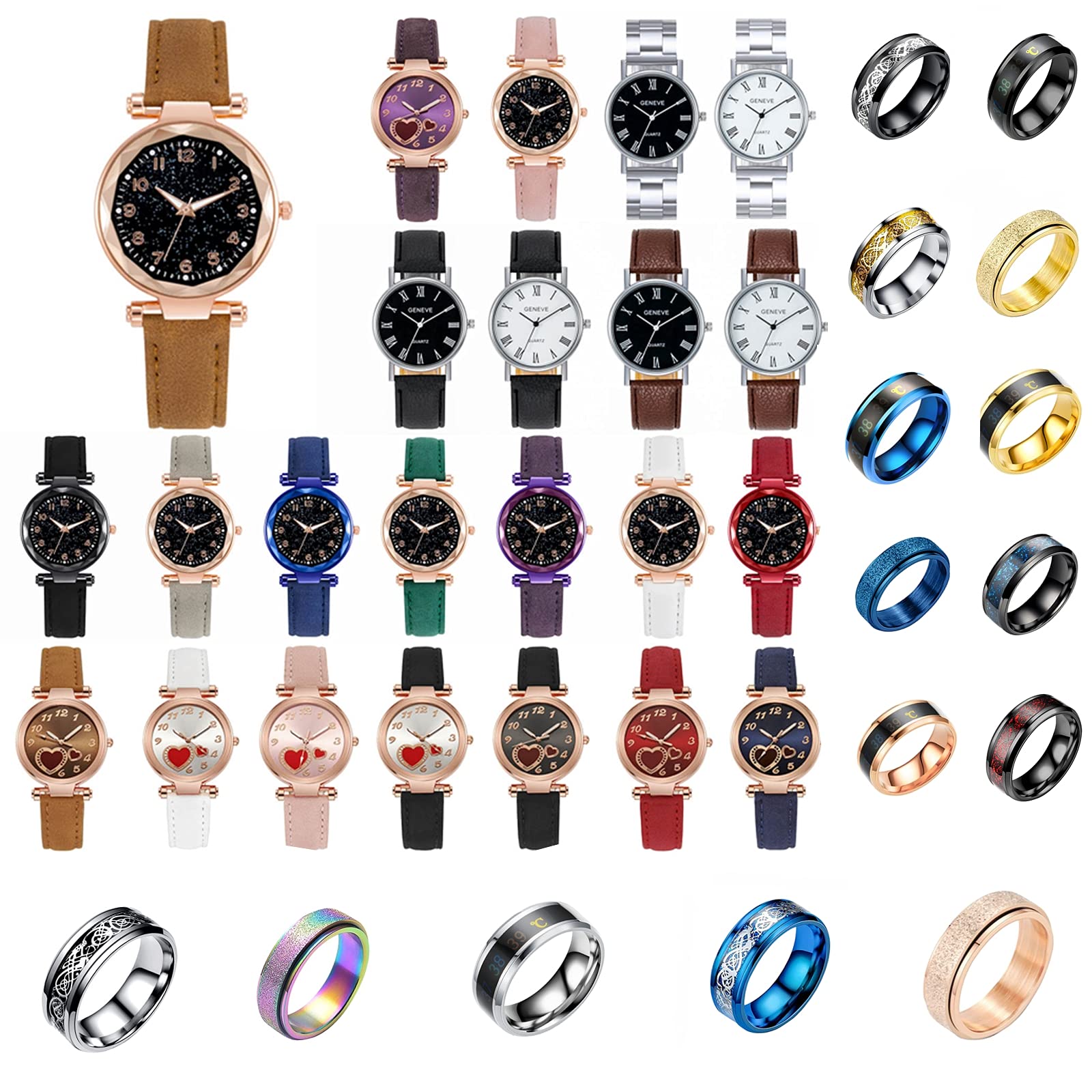 Elegant Couples Quartz Leather Minimalist Watch - Luxury Dress Wristwatch for Men & Women with Rotating Rings - Perfect for Weddings, Anniversaries, and Formal Events