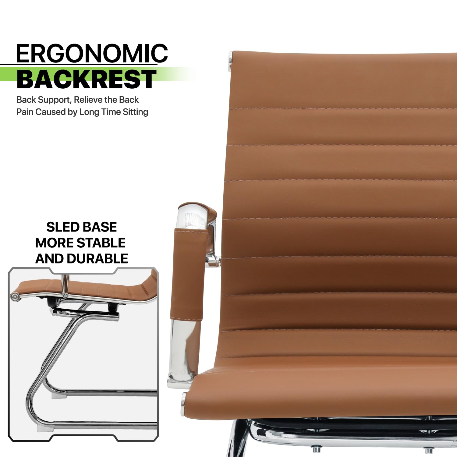 Magshion Office Reception Guest Chair - No Wheels, Mid Back PU Leather Waiting Room Chair with Metal Leg Sled Base & Arms - Conference Room, Lobby, Clinic, Hotel (Brown, 2 Pack)